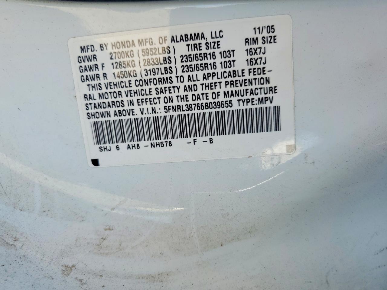 2006 Honda Odyssey Exl White vin: 5FNRL38766B039655