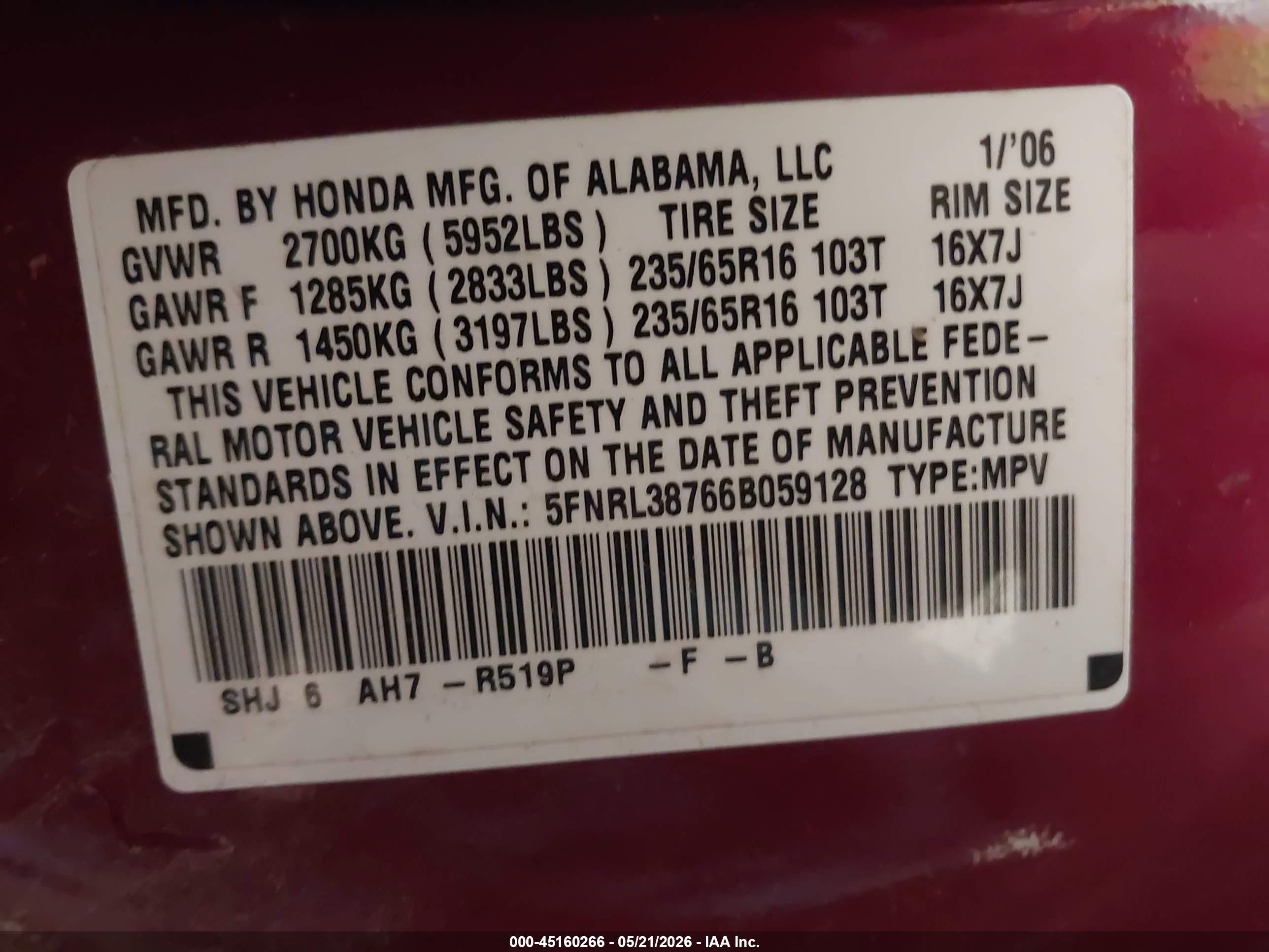 2006 Honda Odyssey Ex-l Red vin: 5FNRL38766B059128