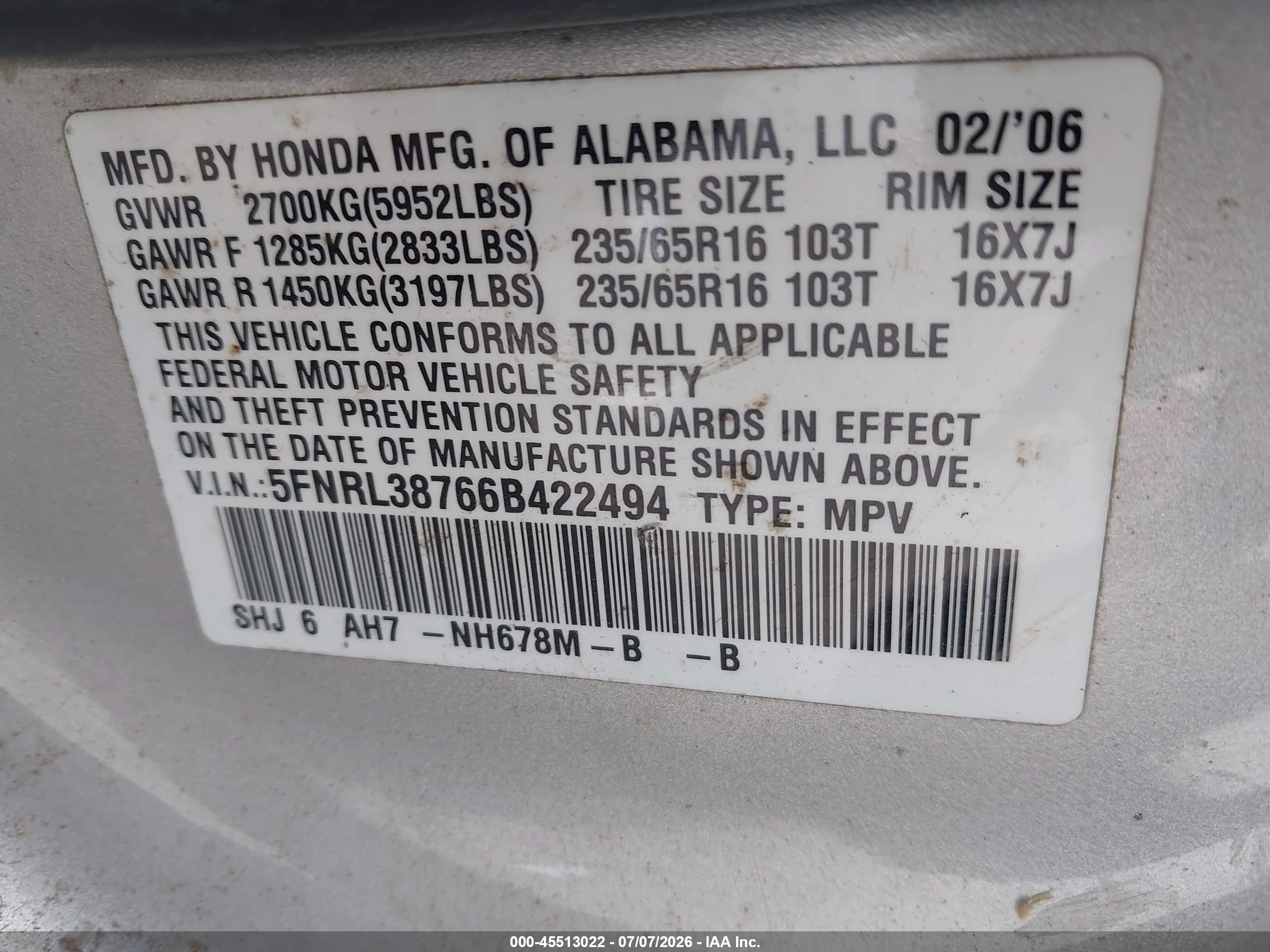 2006 Honda Odyssey Ex-l Silver vin: 5FNRL38766B422494