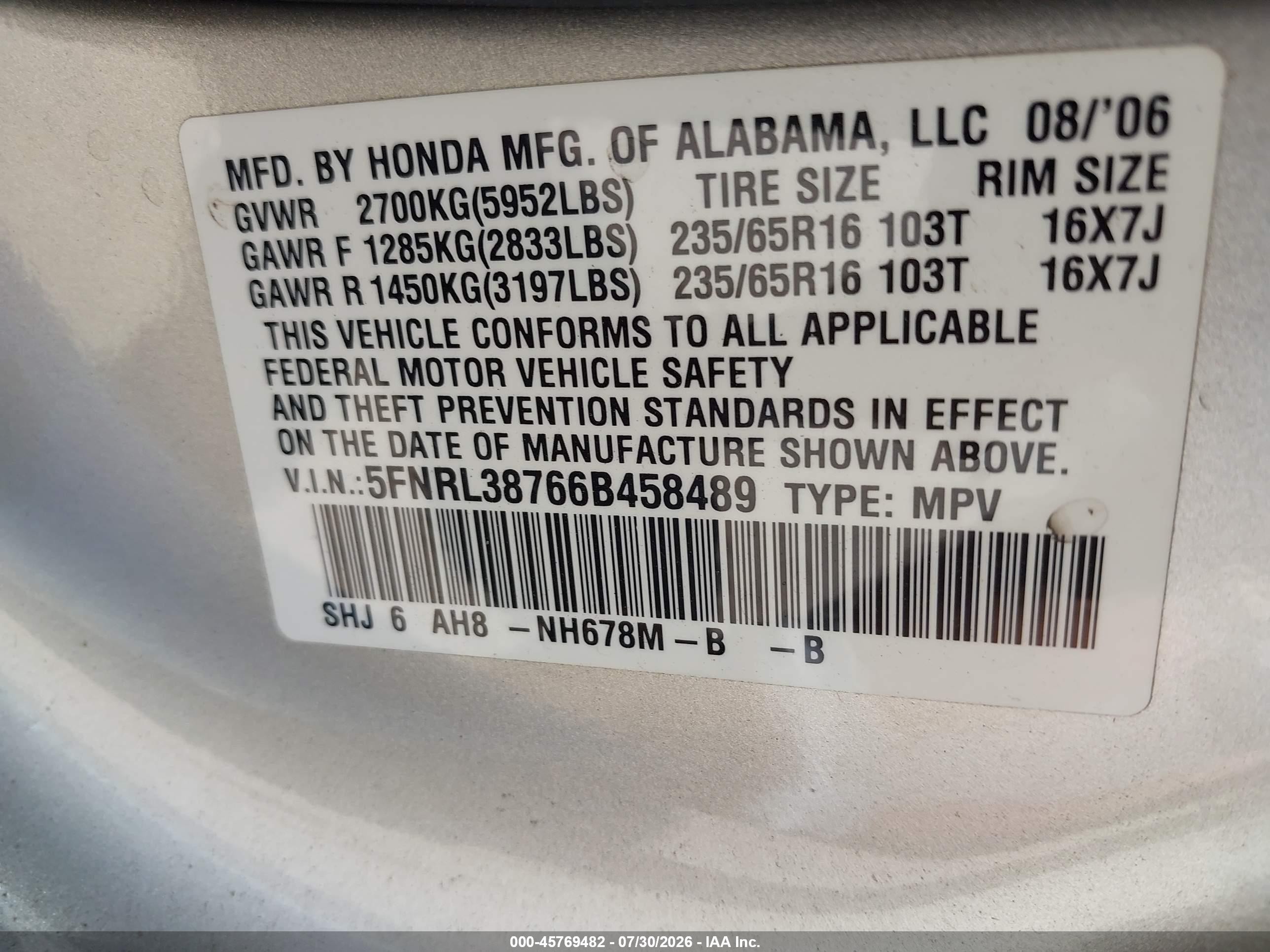 2006 Honda Odyssey Exl Silver vin: 5FNRL38766B458489