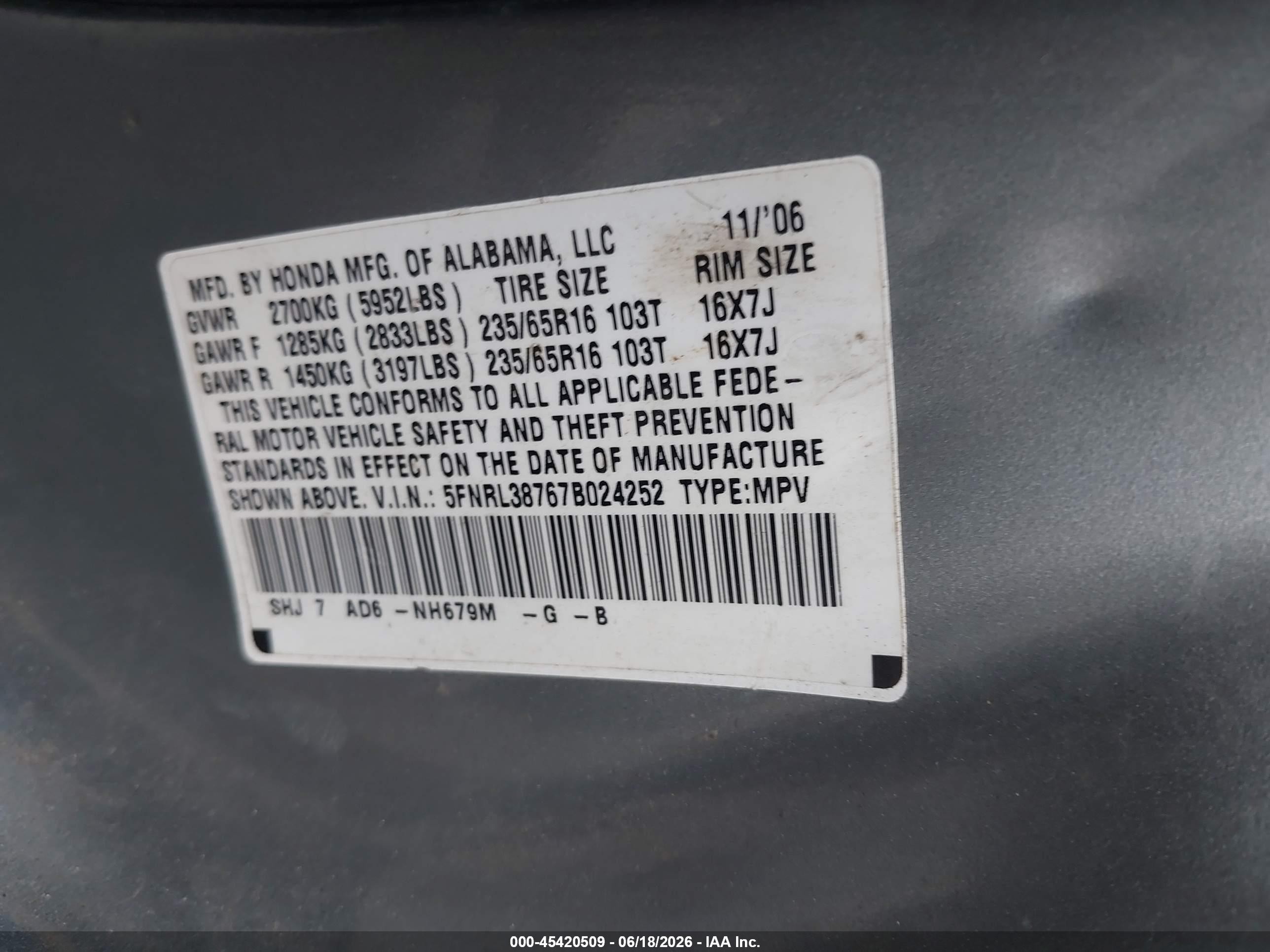 2007 Honda Odyssey Ex-l Blue vin: 5FNRL38767B024252