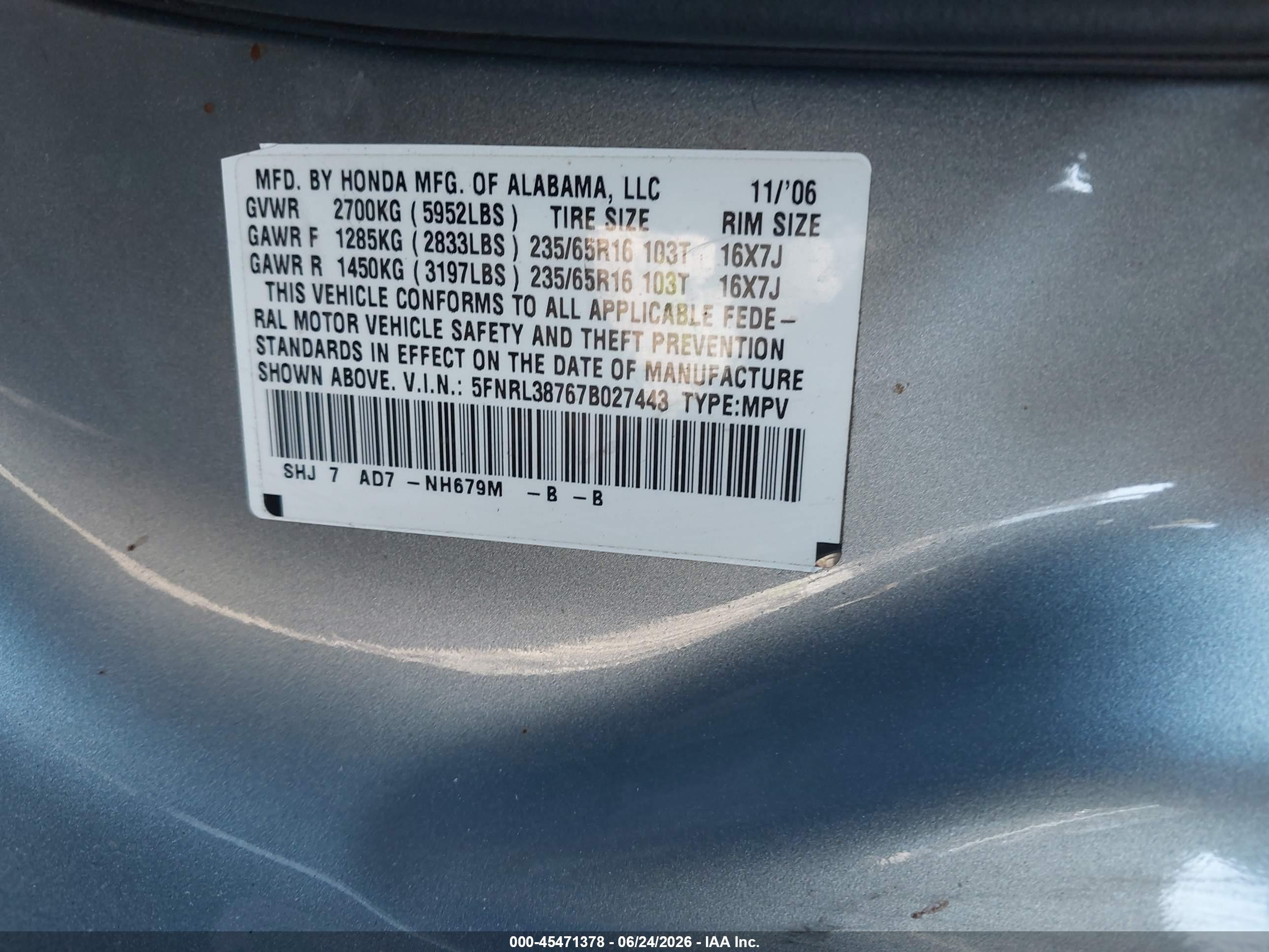 2007 Honda Odyssey Ex-l Gray vin: 5FNRL38767B027443