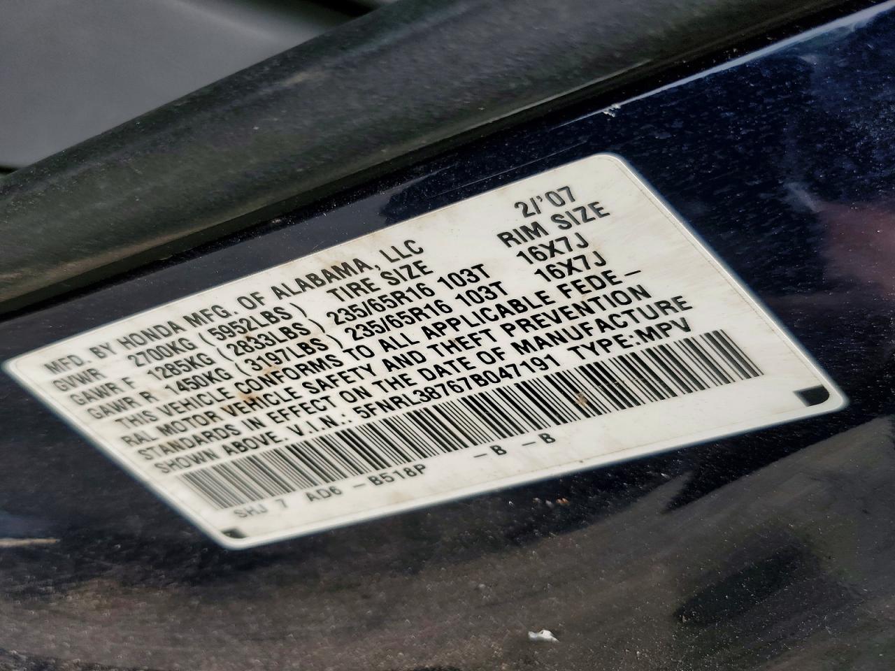2007 Honda Odyssey Exl Blue vin: 5FNRL38767B047191