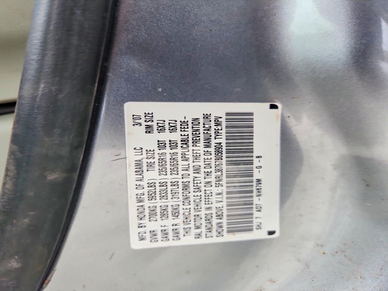 2007 Honda Odyssey Exl Silver vin: 5FNRL38767B058904