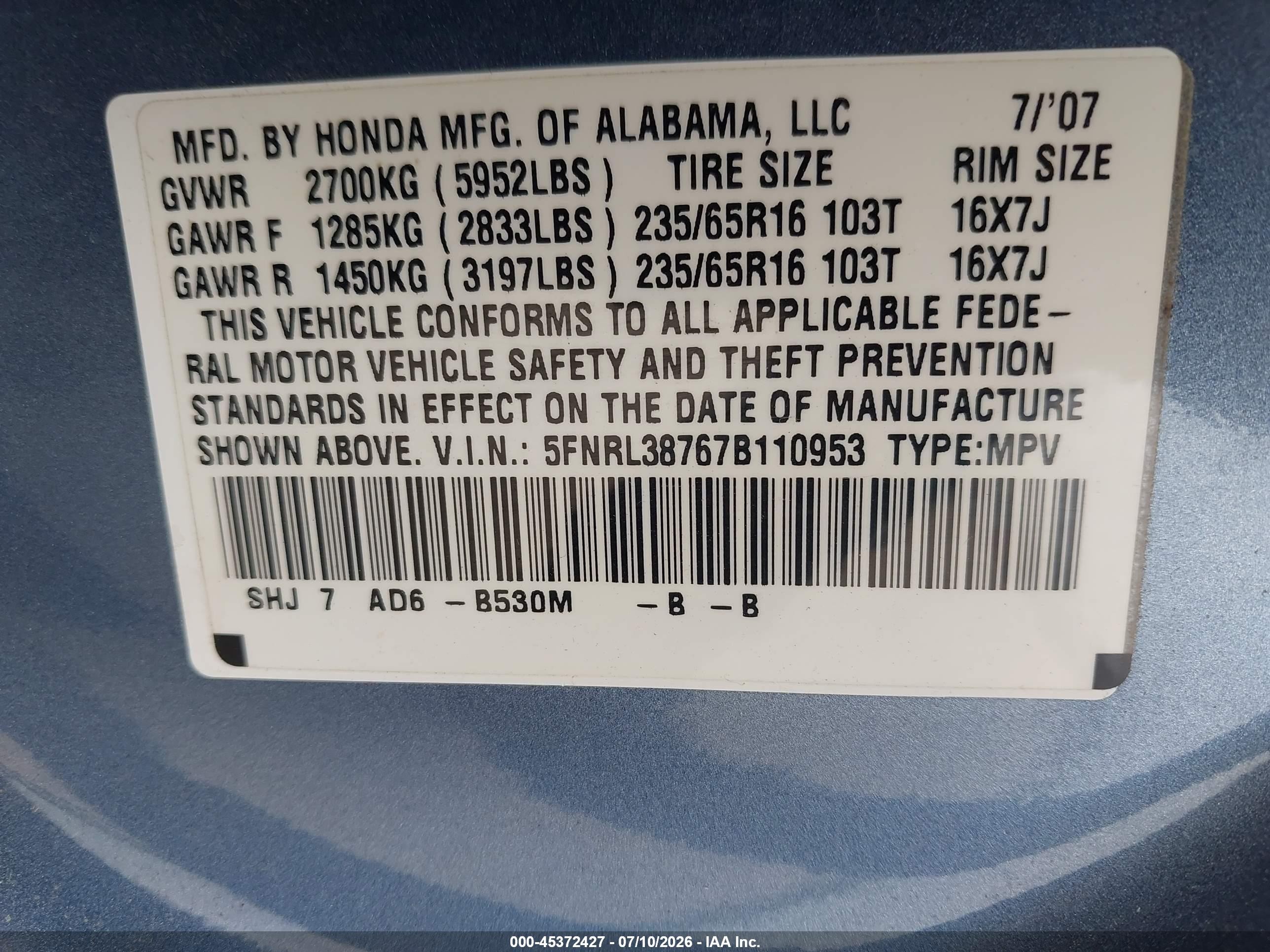 2007 Honda Odyssey Ex-l Blue vin: 5FNRL38767B110953