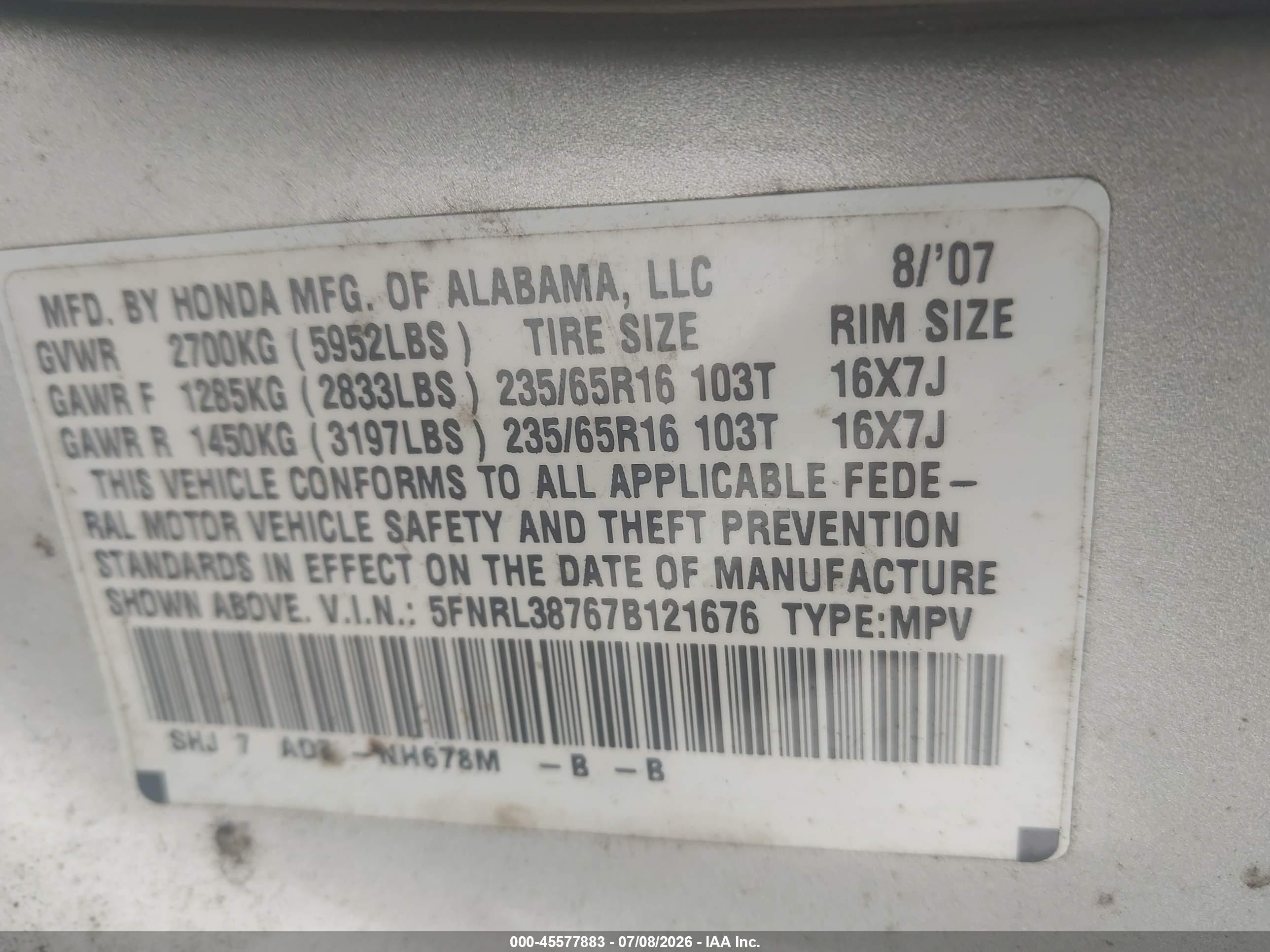 2007 Honda Odyssey Ex-l Silver vin: 5FNRL38767B121676