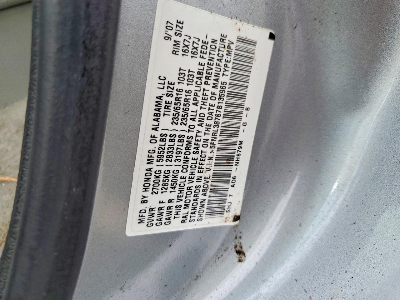2007 Honda Odyssey Exl Silver vin: 5FNRL38767B135965