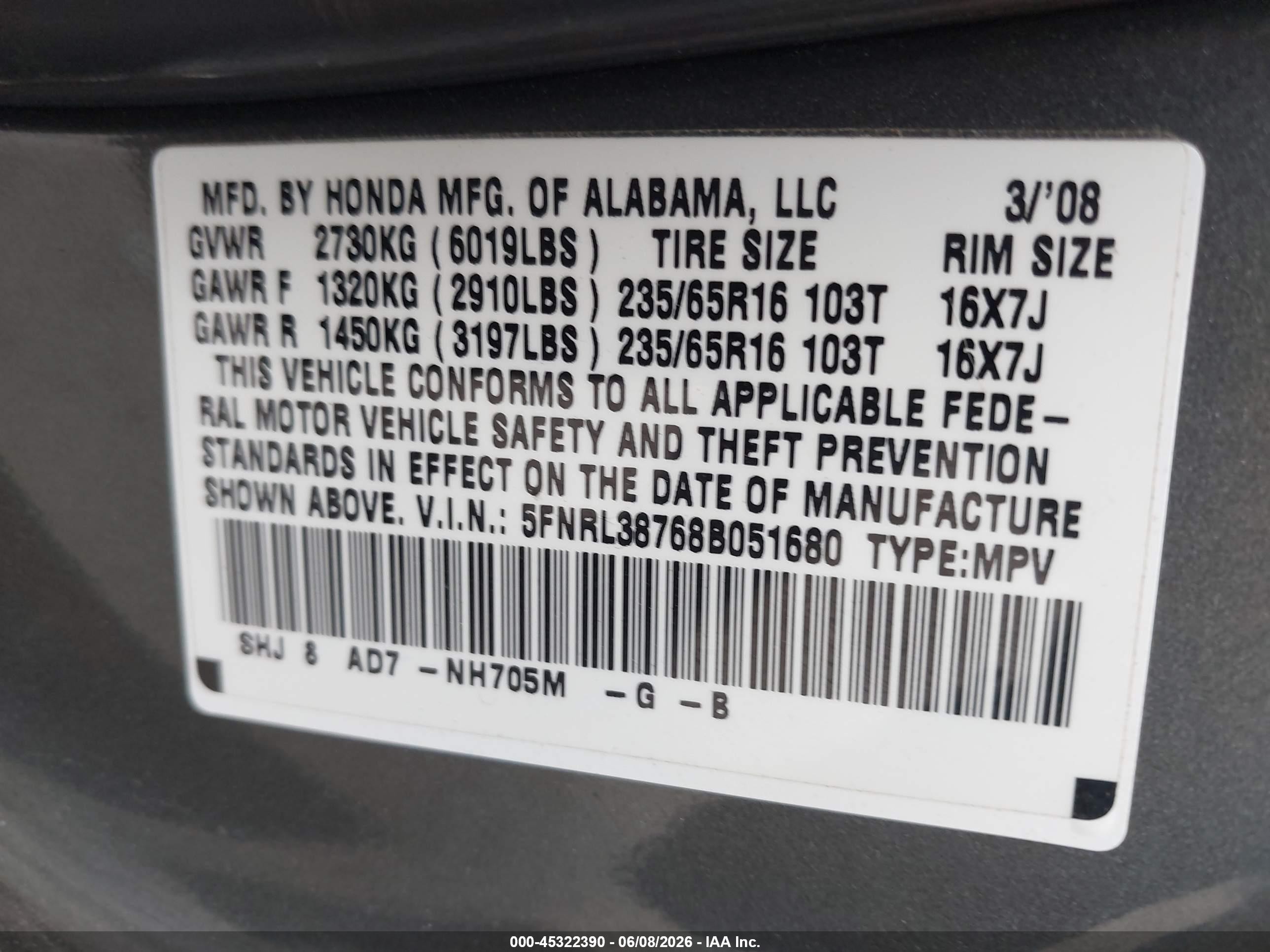 2008 Honda Odyssey Ex-l Gray vin: 5FNRL38768B051680
