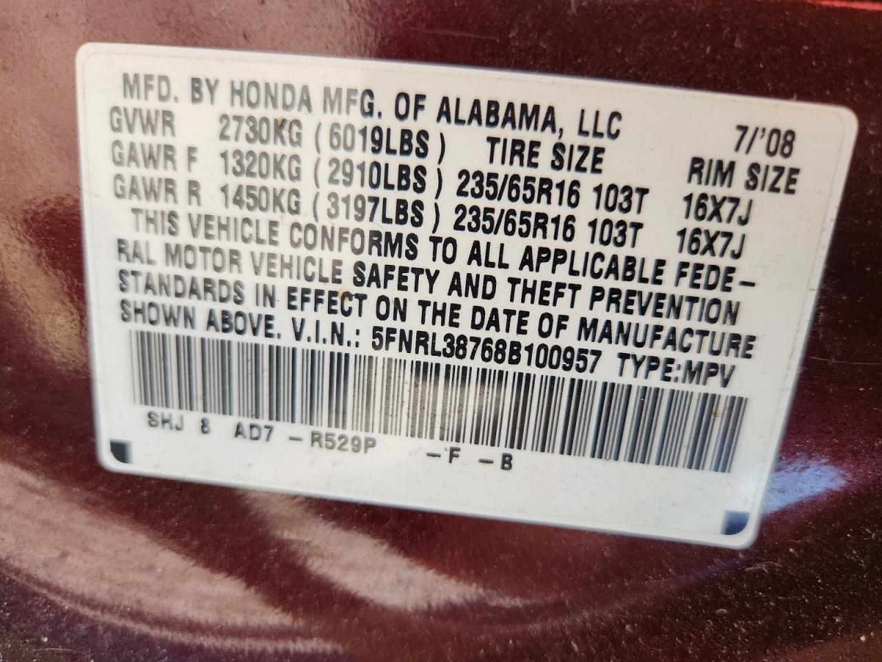 2008 Honda Odyssey Exl Burgundy vin: 5FNRL38768B100957