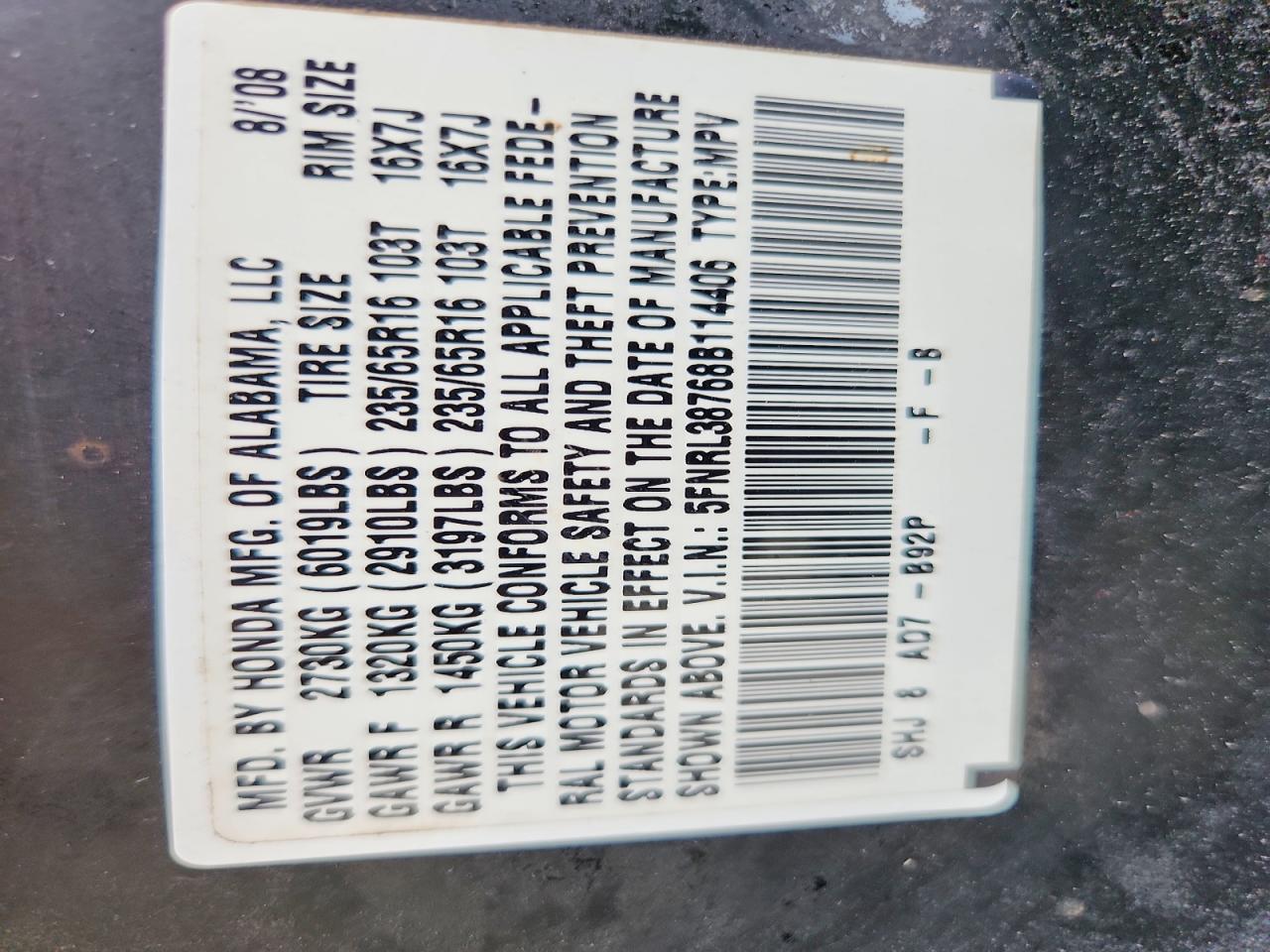 2008 Honda Odyssey Exl Black vin: 5FNRL38768B114406