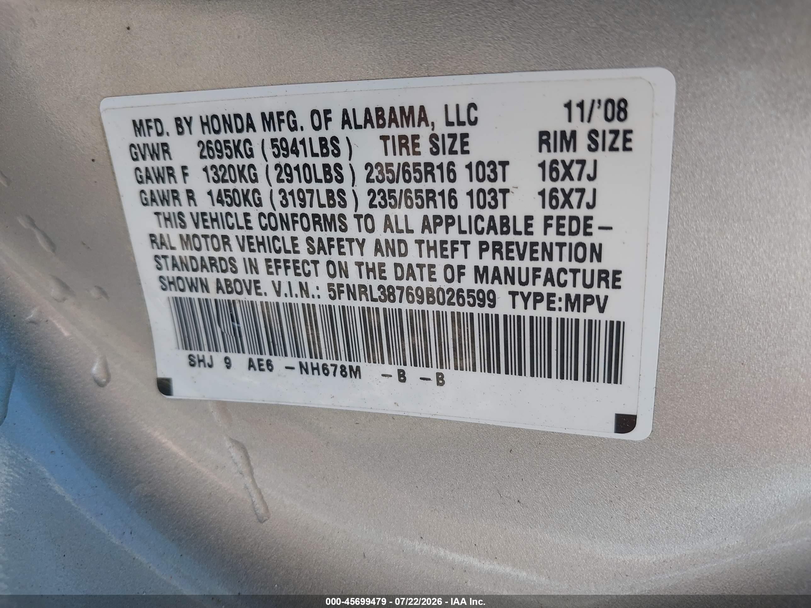 2009 Honda Odyssey Ex-l Silver vin: 5FNRL38769B026599