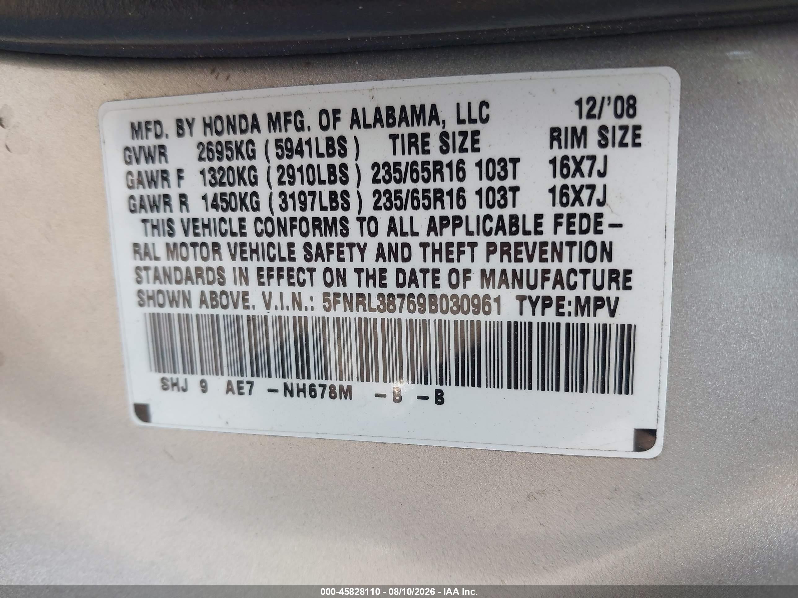 2009 Honda Odyssey Ex-l Silver vin: 5FNRL38769B030961