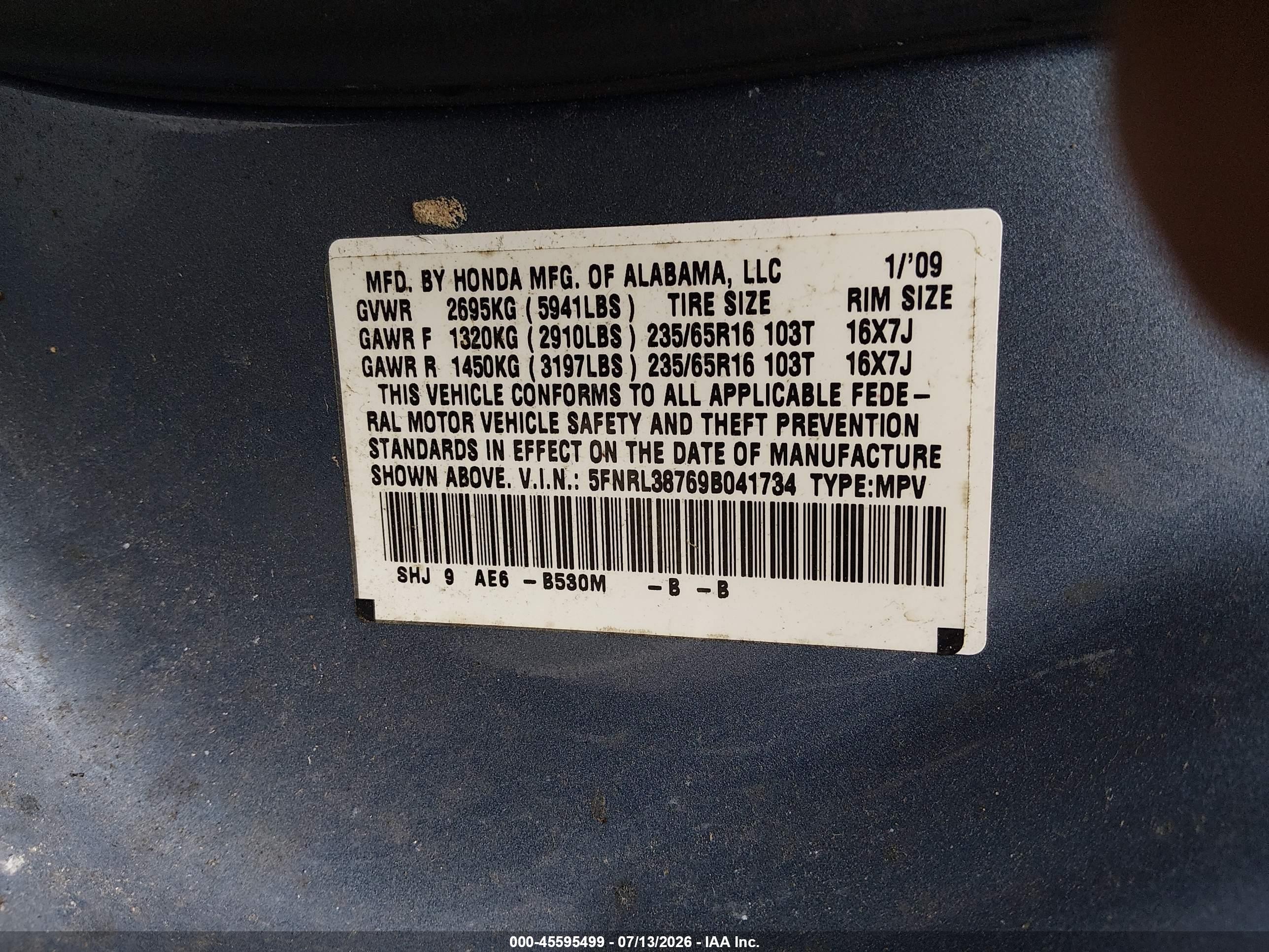 2009 Honda Odyssey Ex-l Blue vin: 5FNRL38769B041734