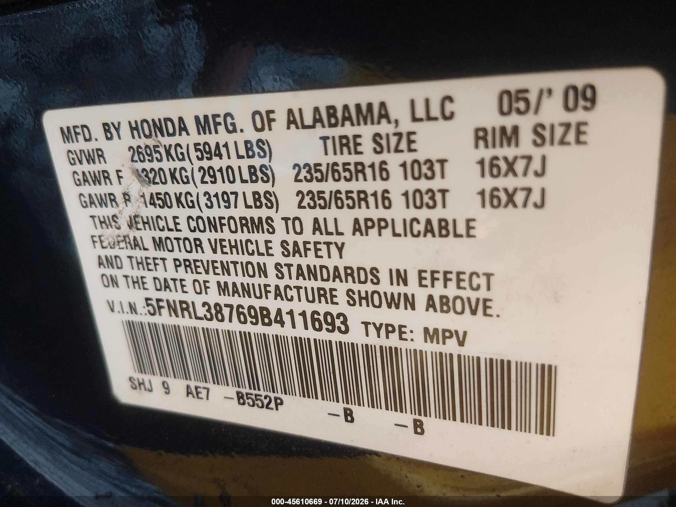 2009 Honda Odyssey Ex-l Gray vin: 5FNRL38769B411693