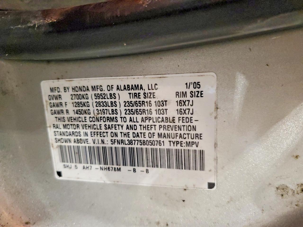 2005 Honda Odyssey Exl Silver vin: 5FNRL38775B050761