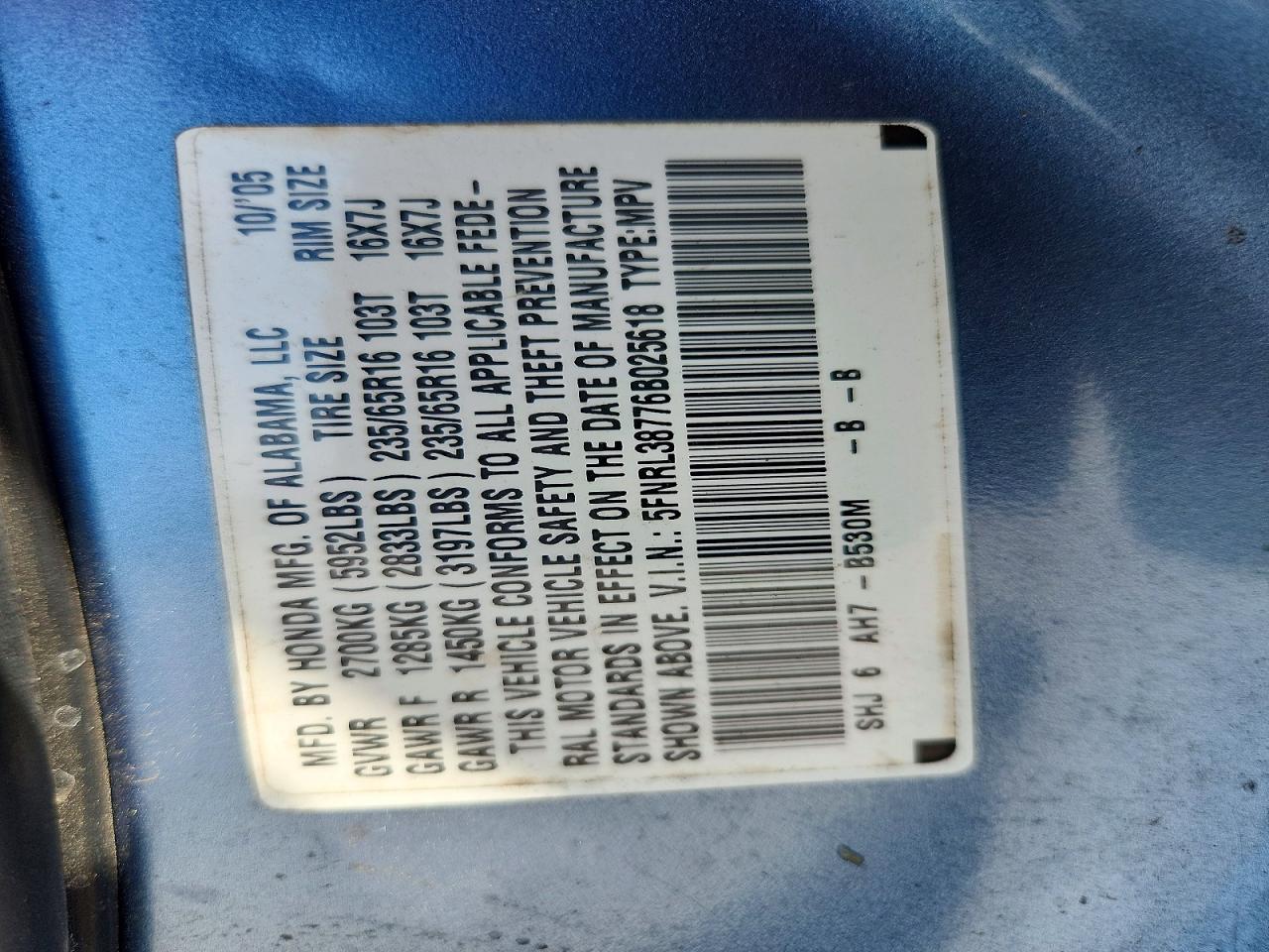 2006 Honda Odyssey Exl Blue vin: 5FNRL38776B025618