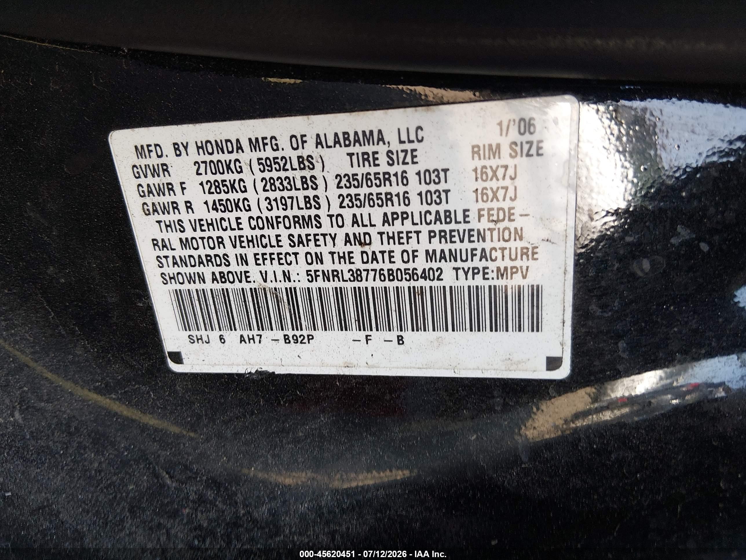 2006 Honda Odyssey Ex-l Black vin: 5FNRL38776B056402
