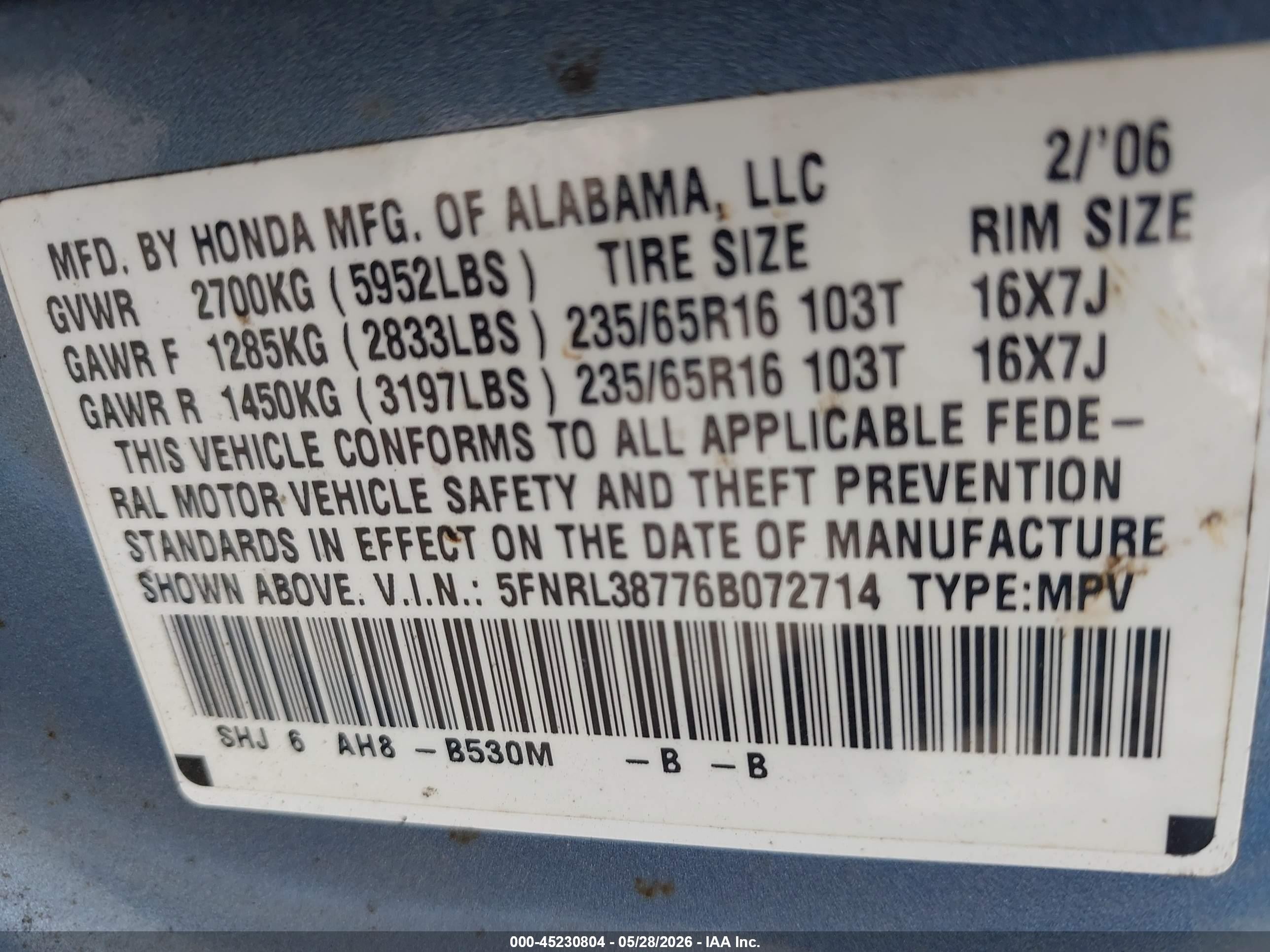 2006 Honda Odyssey Ex-l Синий vin: 5FNRL38776B072714