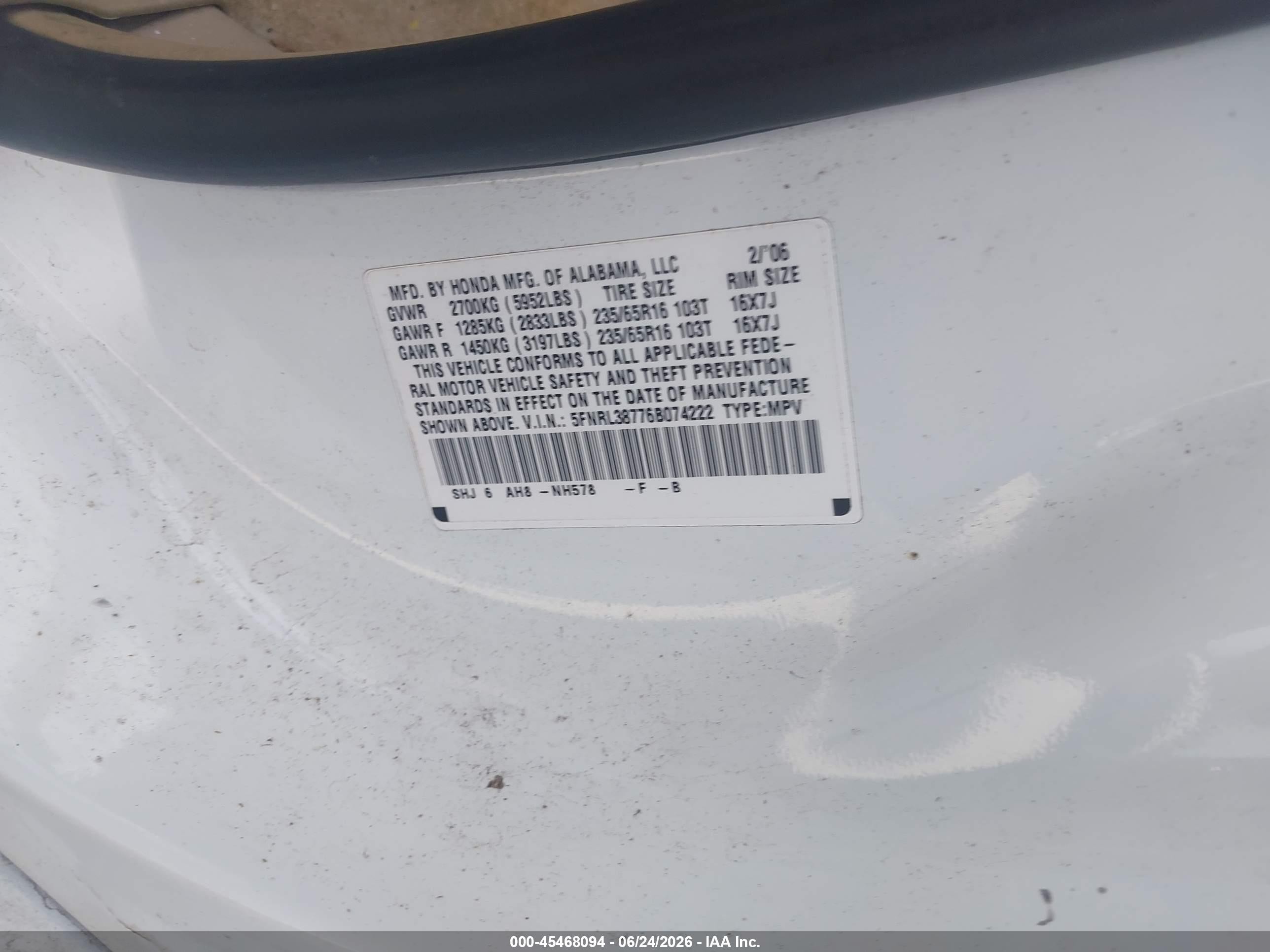 2006 Honda Odyssey Ex-l Белый vin: 5FNRL38776B074222