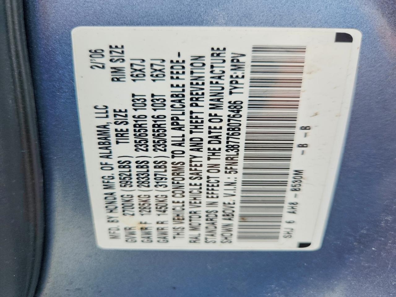 2006 Honda Odyssey Exl Blue vin: 5FNRL38776B076486
