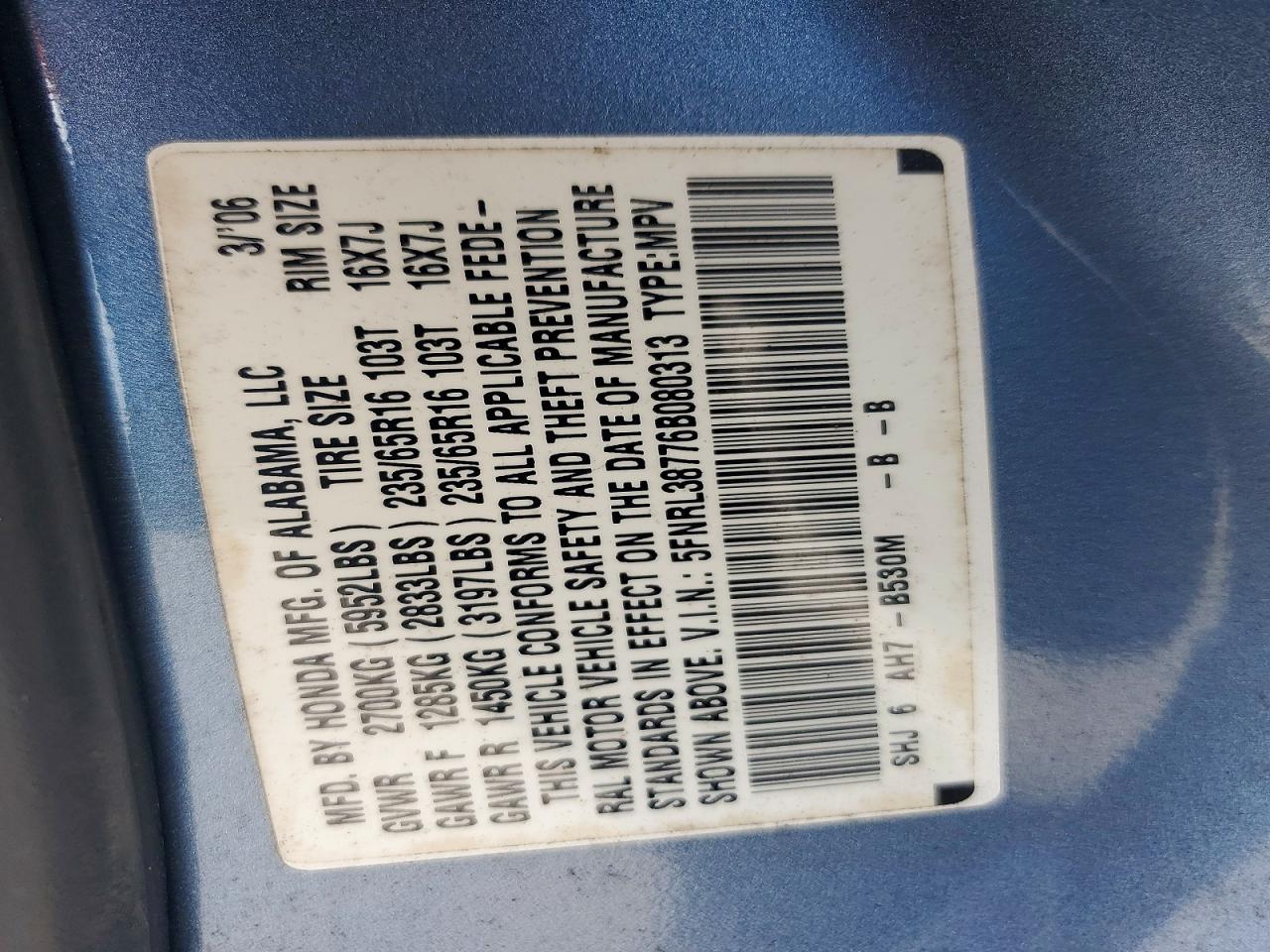 2006 Honda Odyssey Exl Blue vin: 5FNRL38776B080313