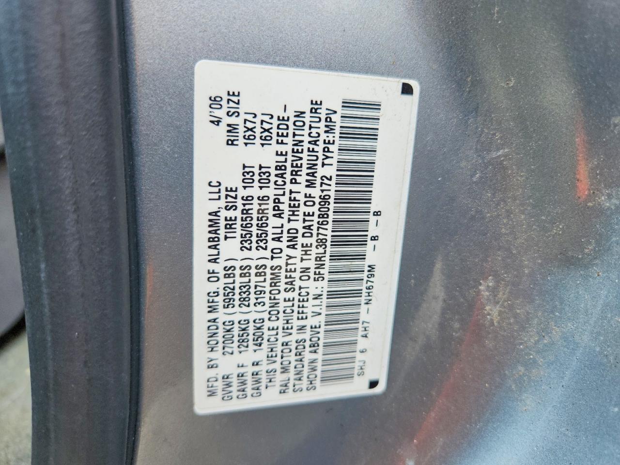 2006 Honda Odyssey Exl Silver vin: 5FNRL38776B096172