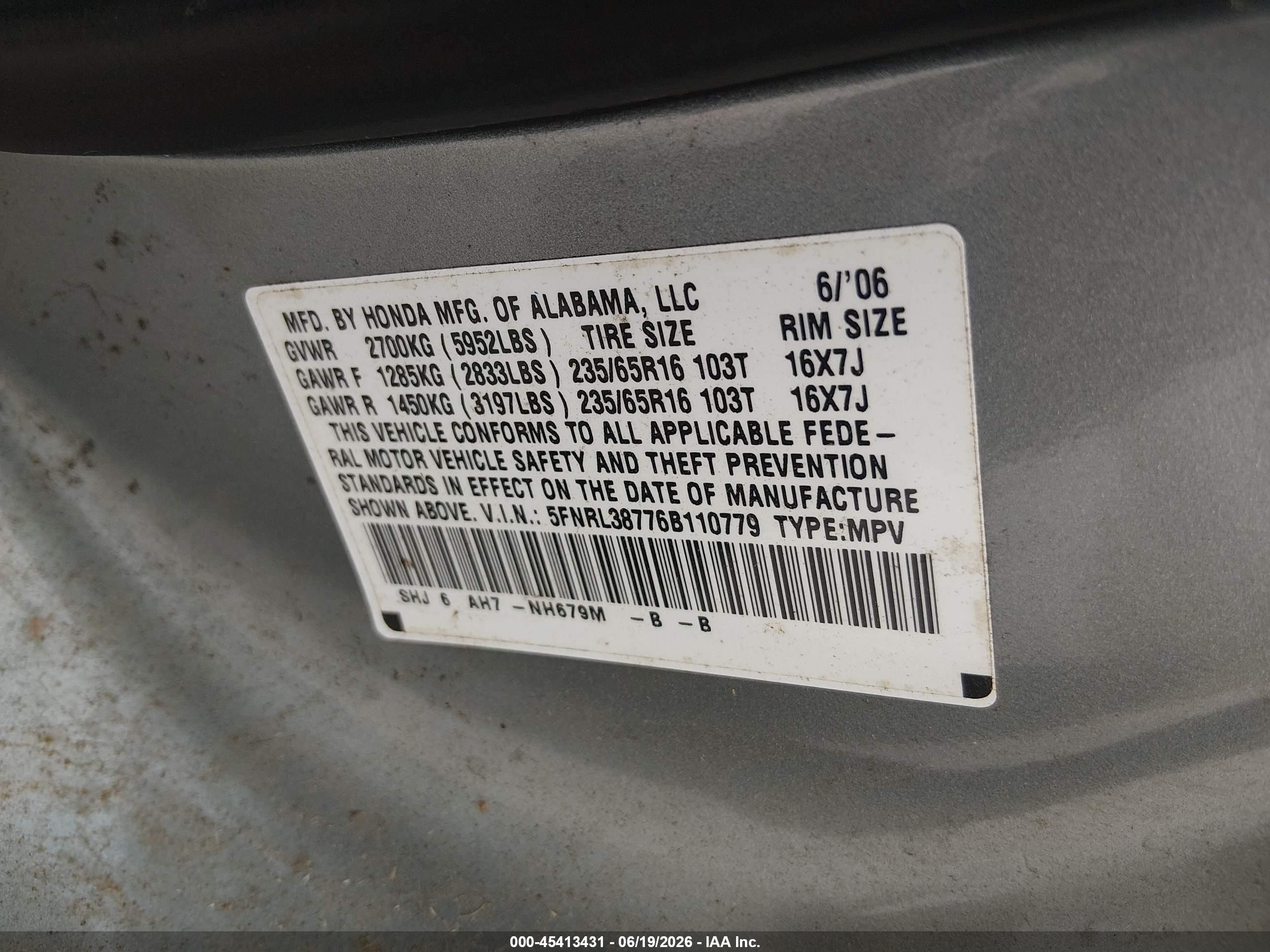 2006 Honda Odyssey Ex-l Blue vin: 5FNRL38776B110779