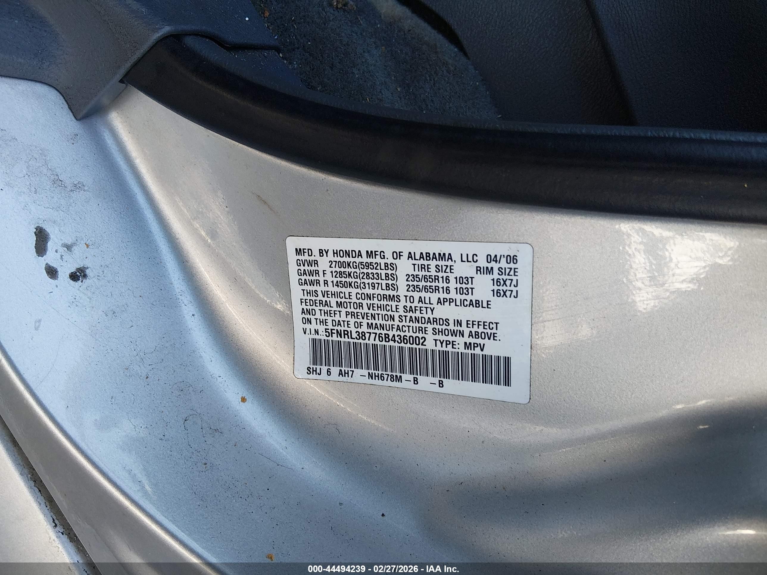 2006 Honda Odyssey Ex-l Silver vin: 5FNRL38776B436002