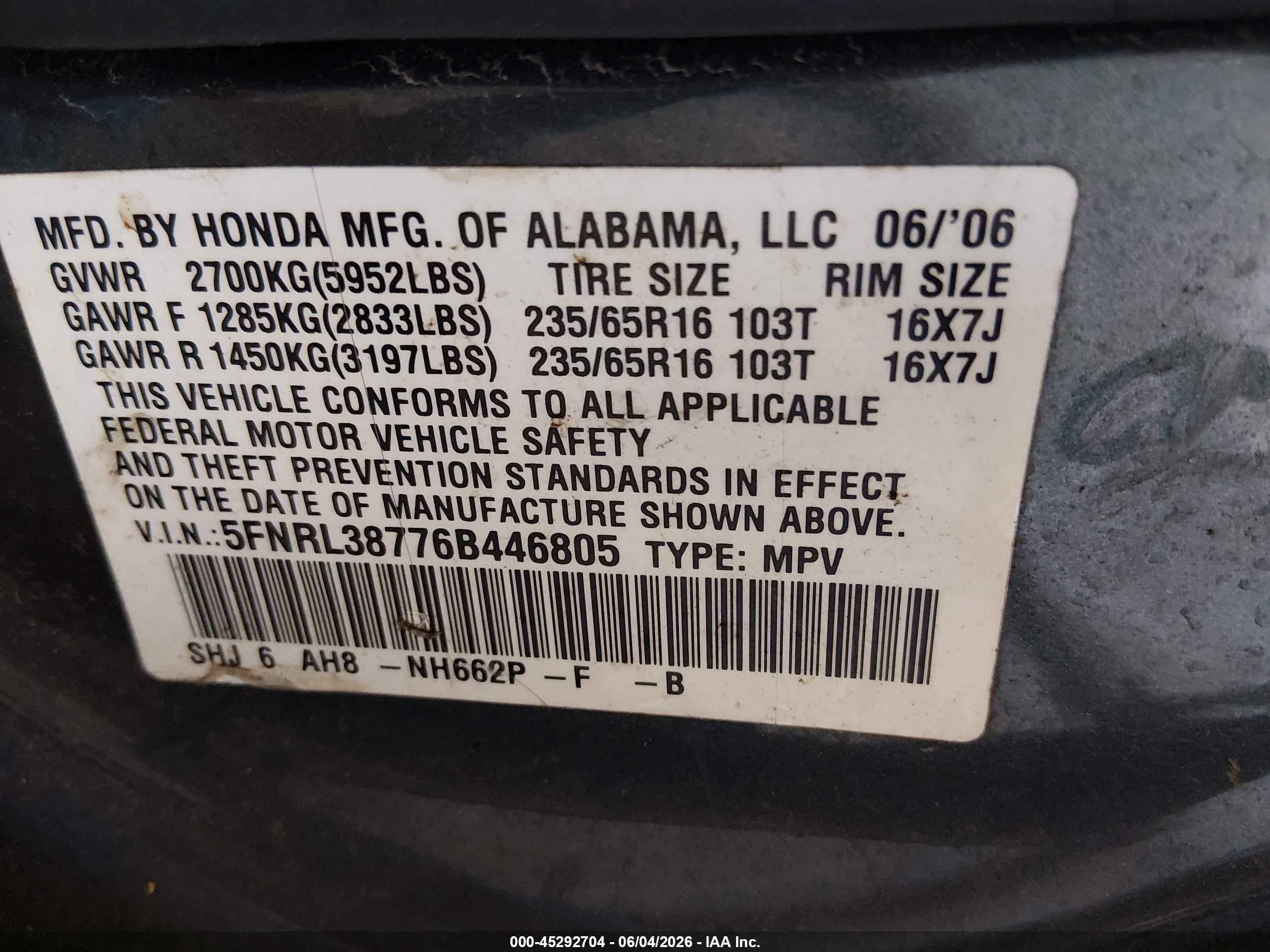 2006 Honda Odyssey Ex-l Gray vin: 5FNRL38776B446805