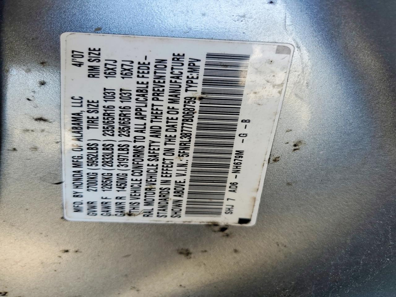 2007 Honda Odyssey Exl Blue vin: 5FNRL38777B068759