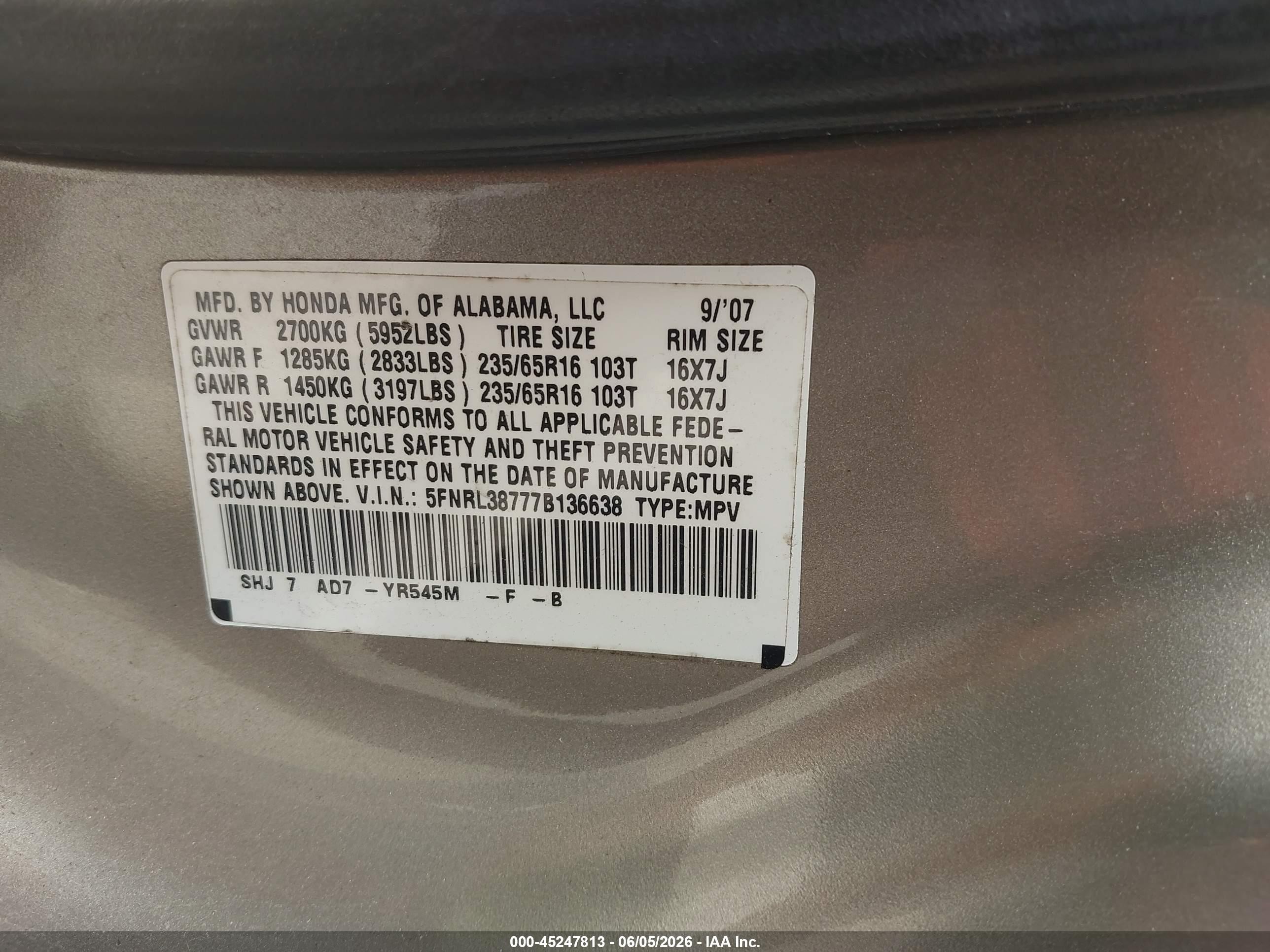 2007 Honda Odyssey Ex-l Gold vin: 5FNRL38777B136638