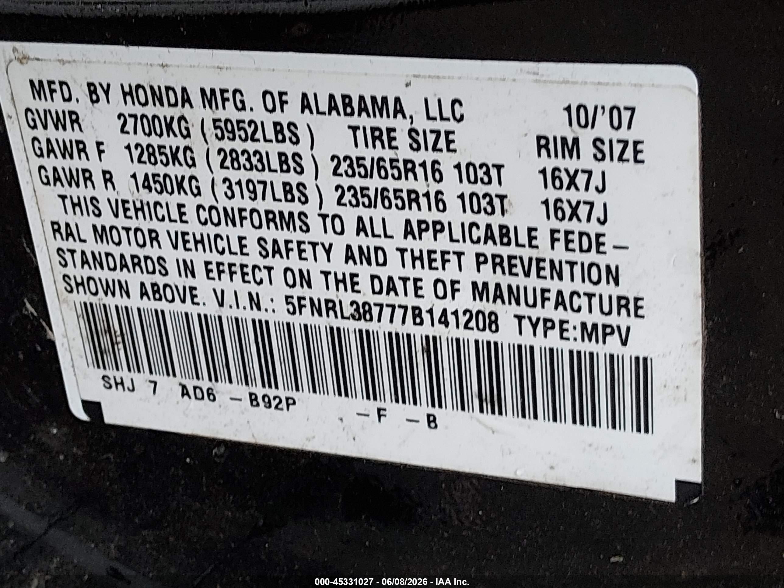 2007 Honda Odyssey Ex-l Black vin: 5FNRL38777B141208