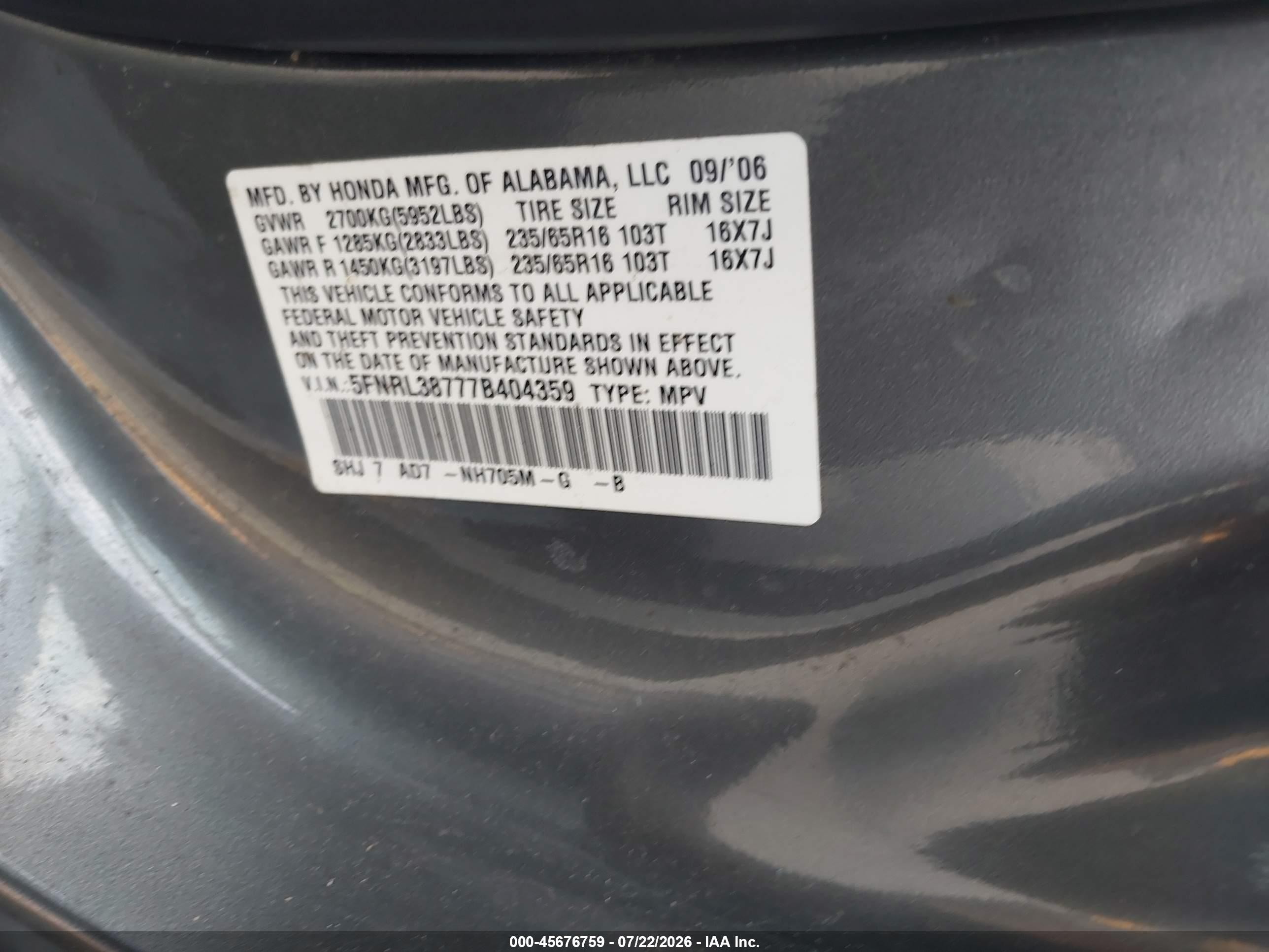 2007 Honda Odyssey Ex-l Gray vin: 5FNRL38777B404359