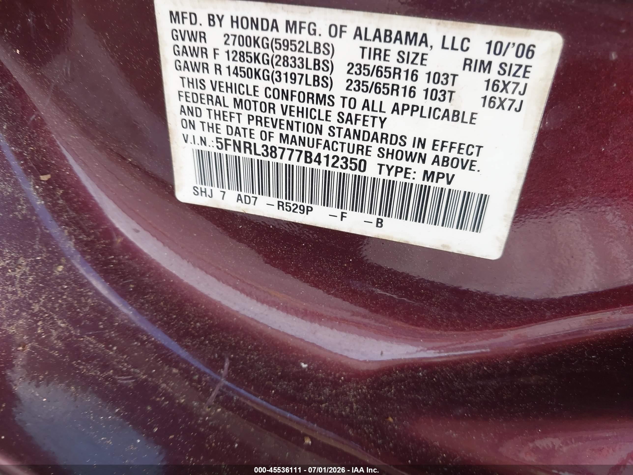 2007 Honda Odyssey Ex-l Burgundy vin: 5FNRL38777B412350