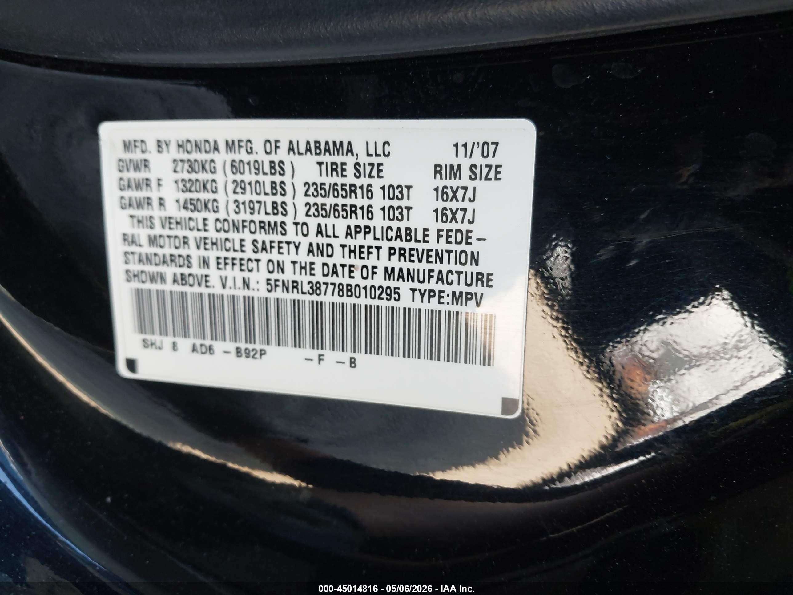2008 Honda Odyssey Ex-l Black vin: 5FNRL38778B010295
