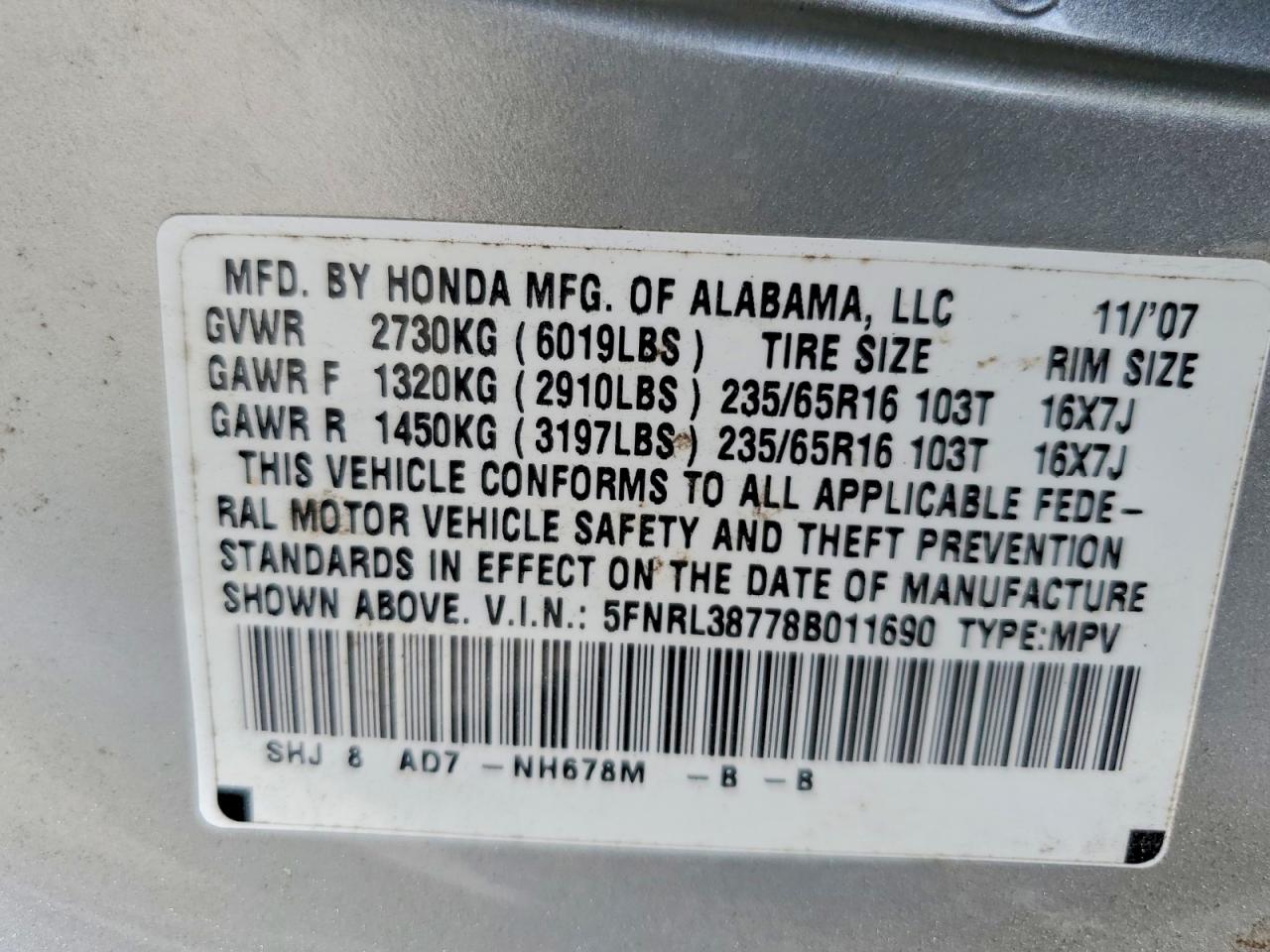2008 Honda Odyssey Exl Silver vin: 5FNRL38778B011690