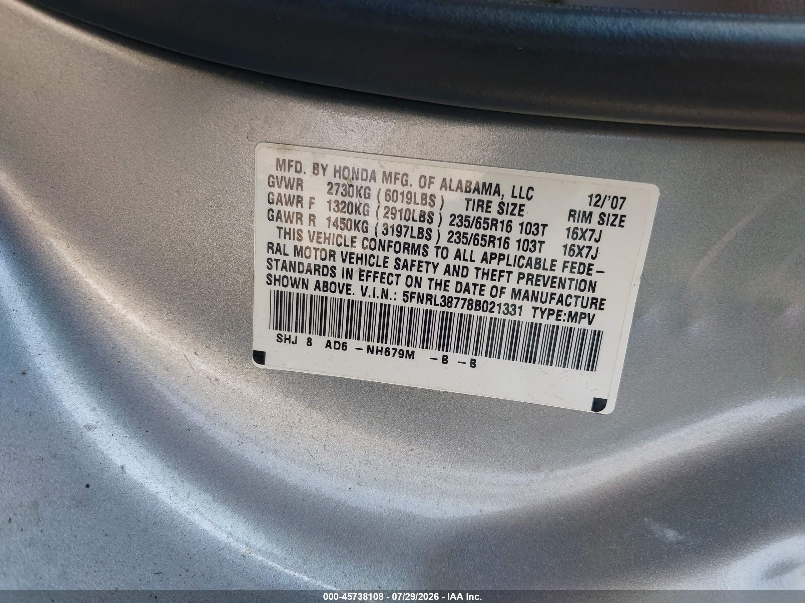2008 Honda Odyssey Ex-l Silver vin: 5FNRL38778B021331