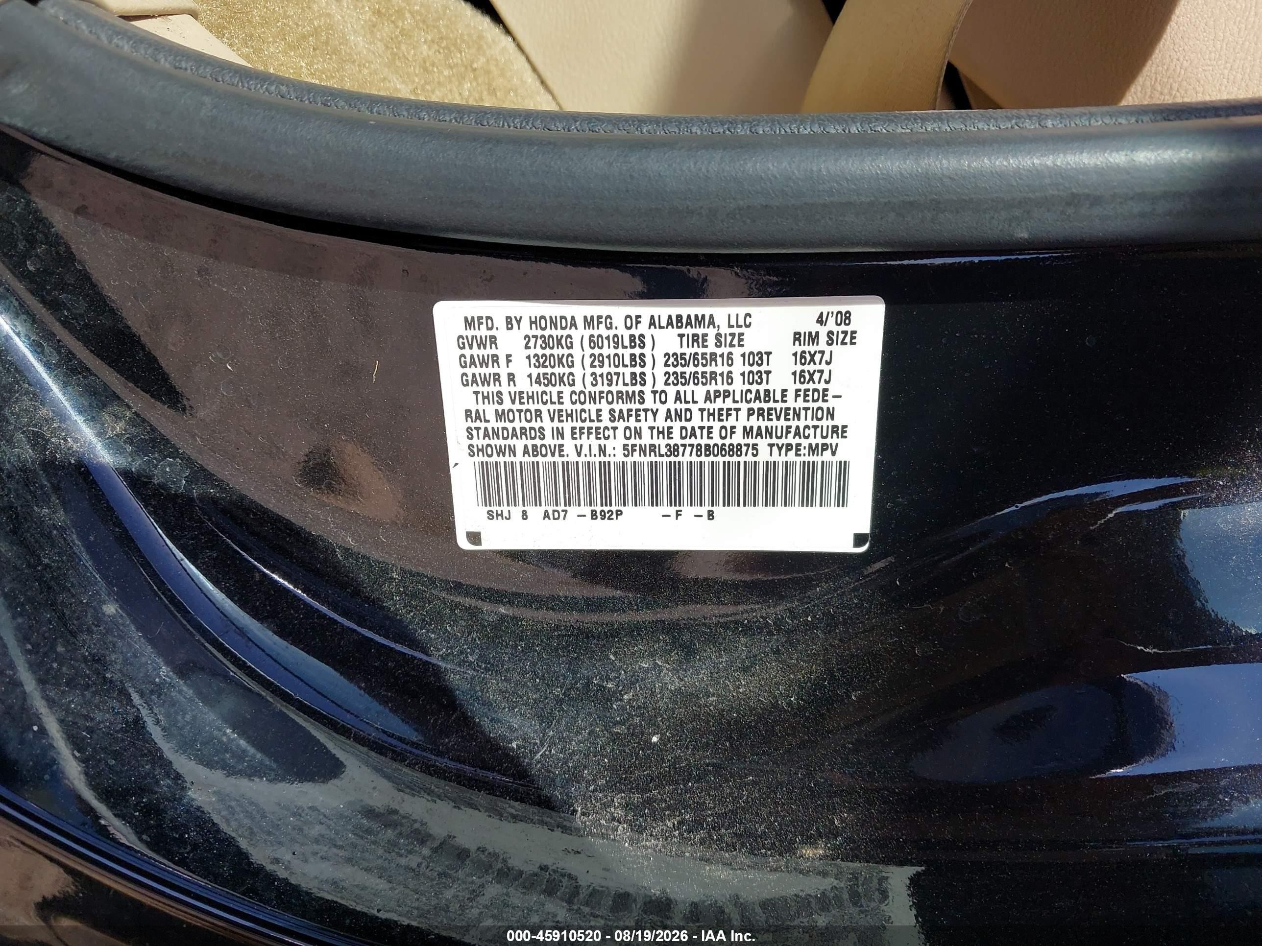 2008 Honda Odyssey Ex-l Black vin: 5FNRL38778B068875
