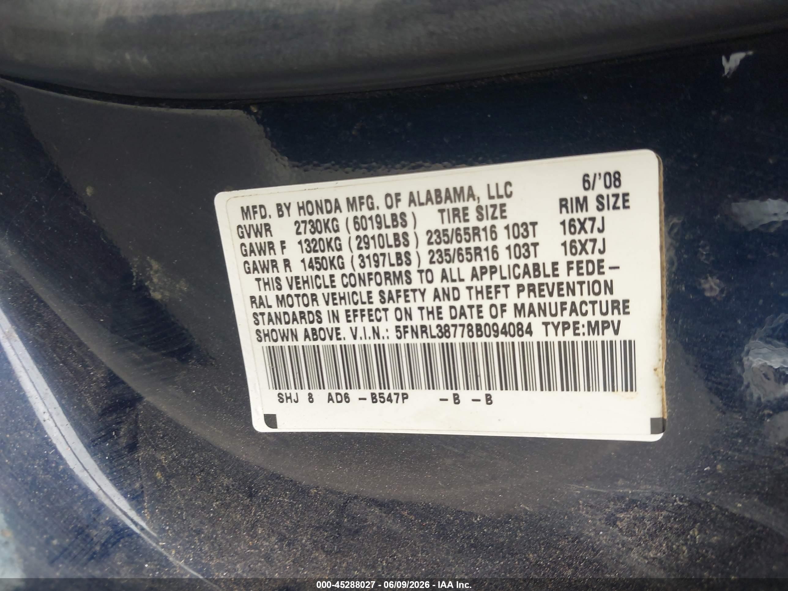 2008 Honda Odyssey Ex-l Dark Blue vin: 5FNRL38778B094084