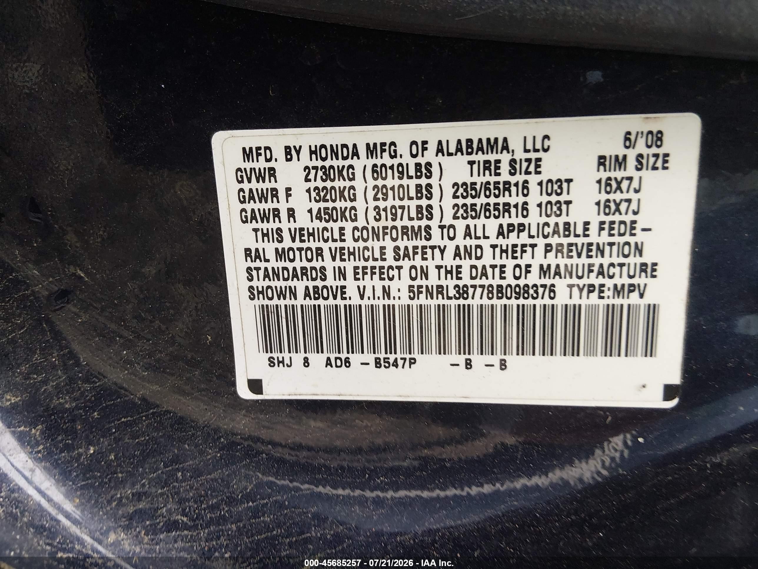 2008 Honda Odyssey Ex-l Blue vin: 5FNRL38778B098376