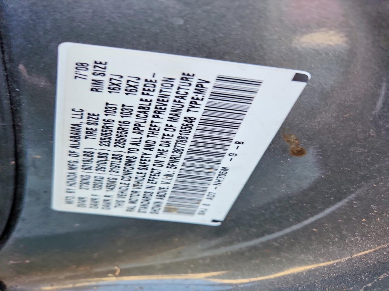 2008 Honda Odyssey Exl Gray vin: 5FNRL38778B105648