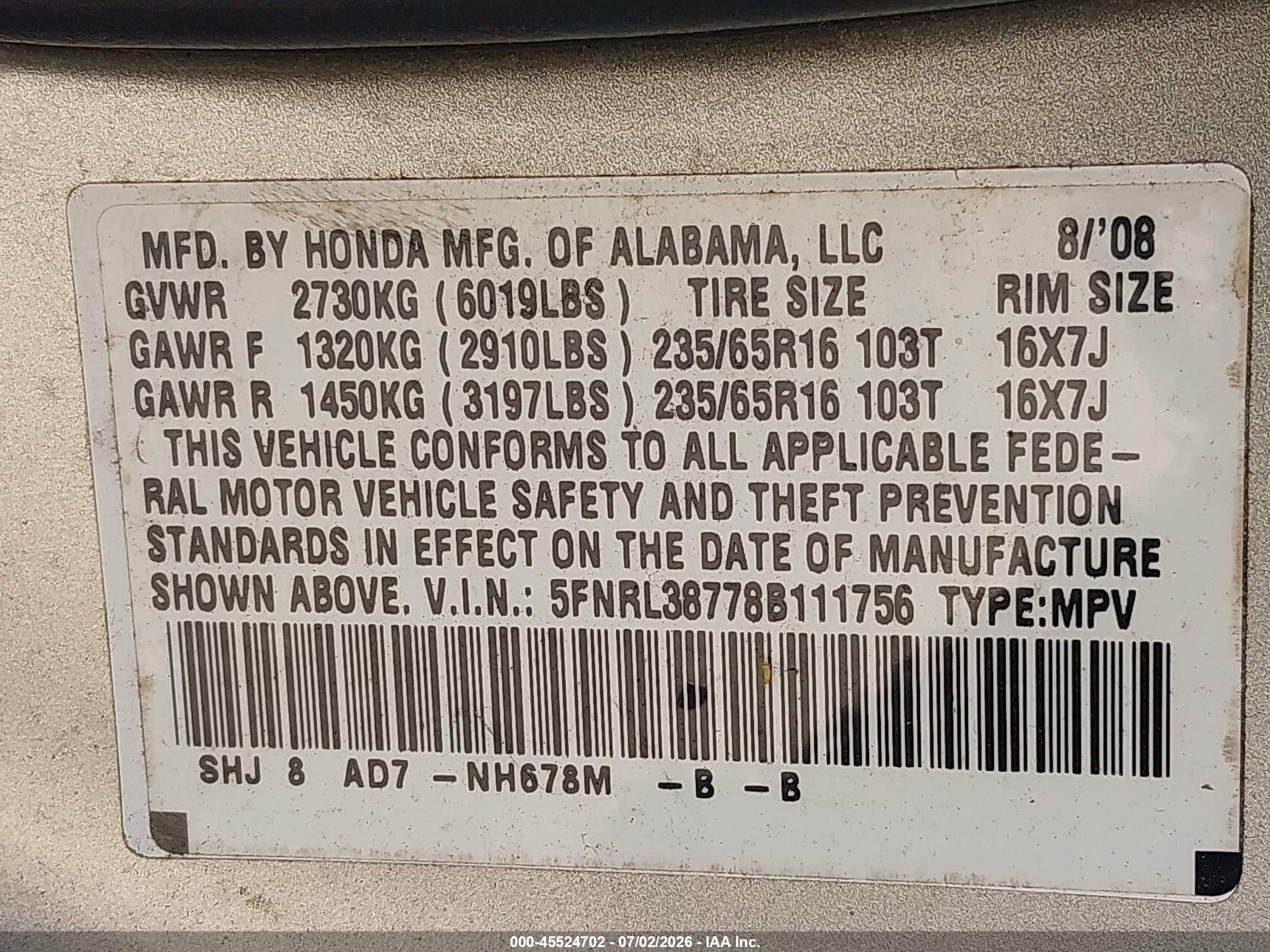 2008 Honda Odyssey Ex-l Silver vin: 5FNRL38778B111756