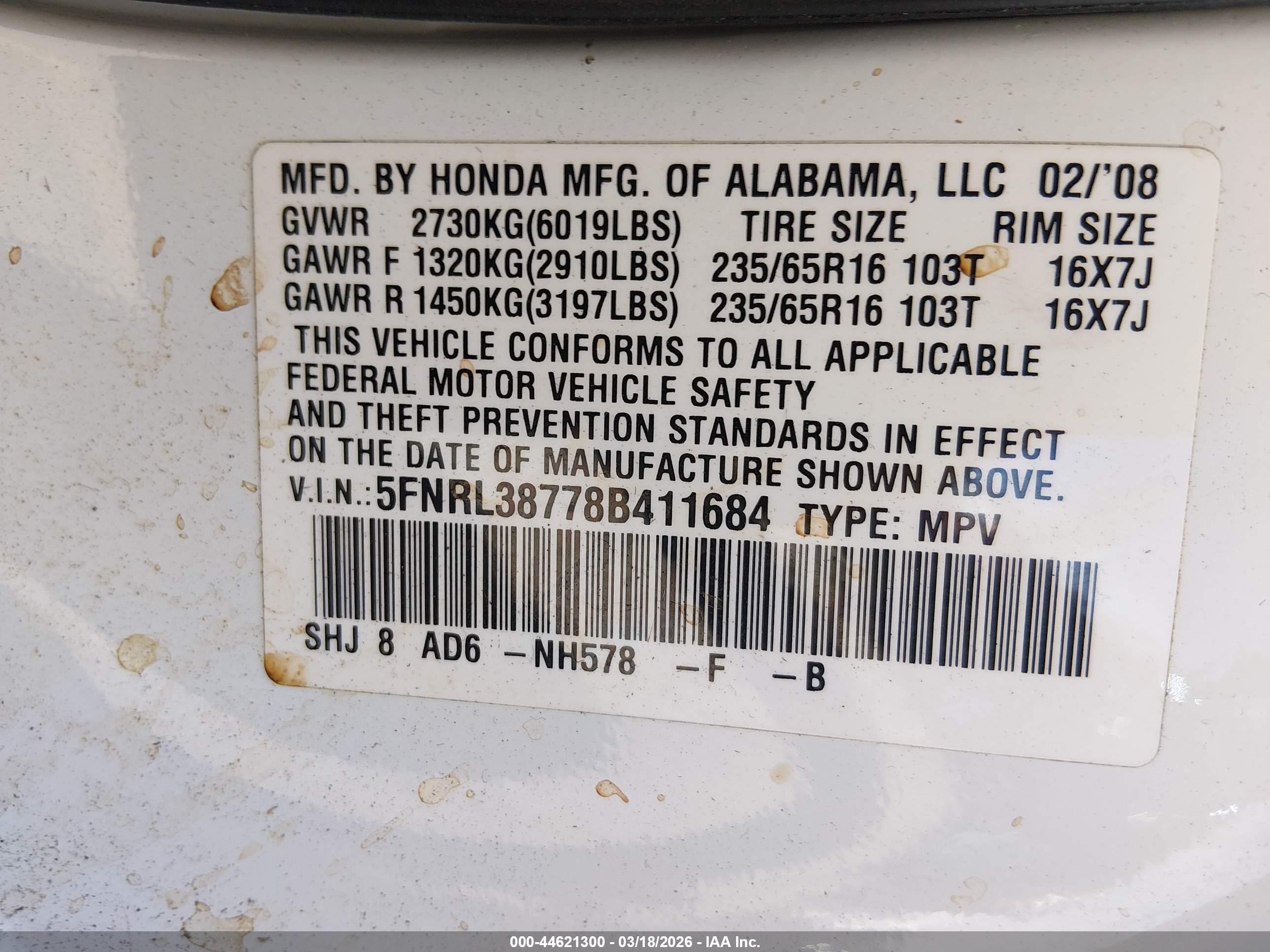 2008 Honda Odyssey Ex-l White vin: 5FNRL38778B411684