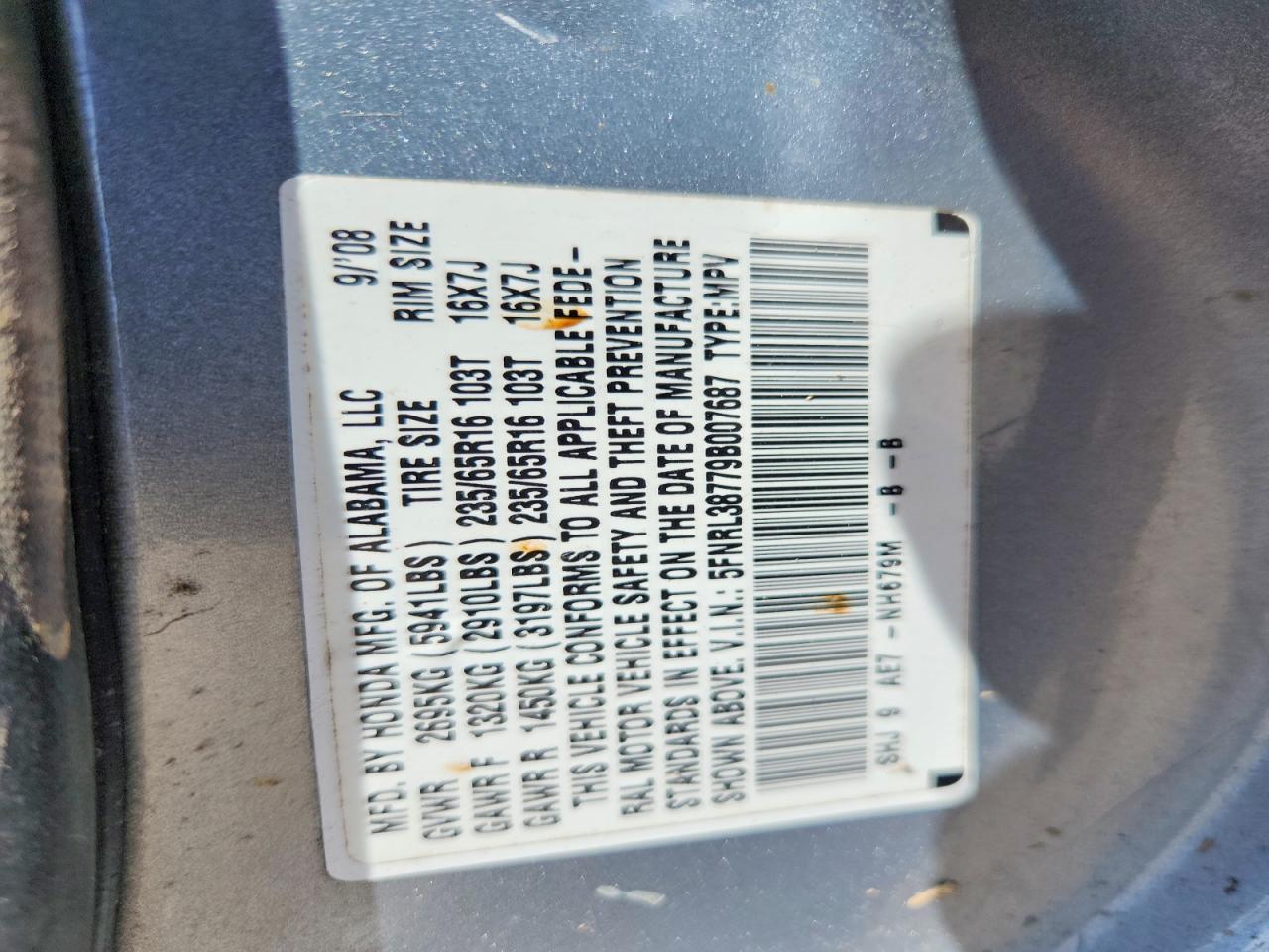 2009 Honda Odyssey Exl Gray vin: 5FNRL38779B007687