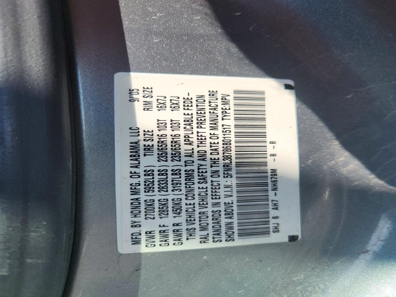 2006 Honda Odyssey Exl Blue vin: 5FNRL38786B011517