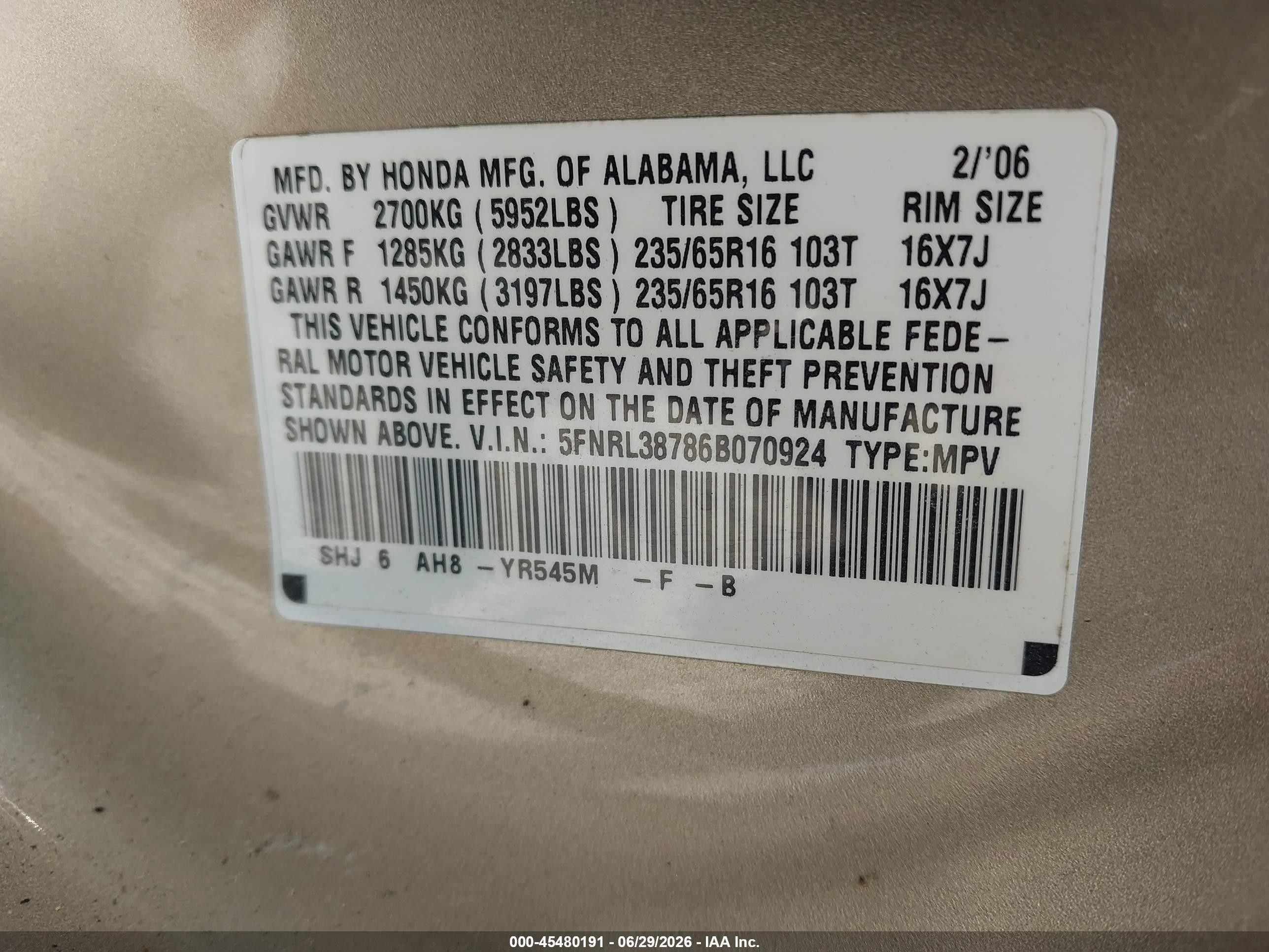 2006 Honda Odyssey Ex-l Tan vin: 5FNRL38786B070924