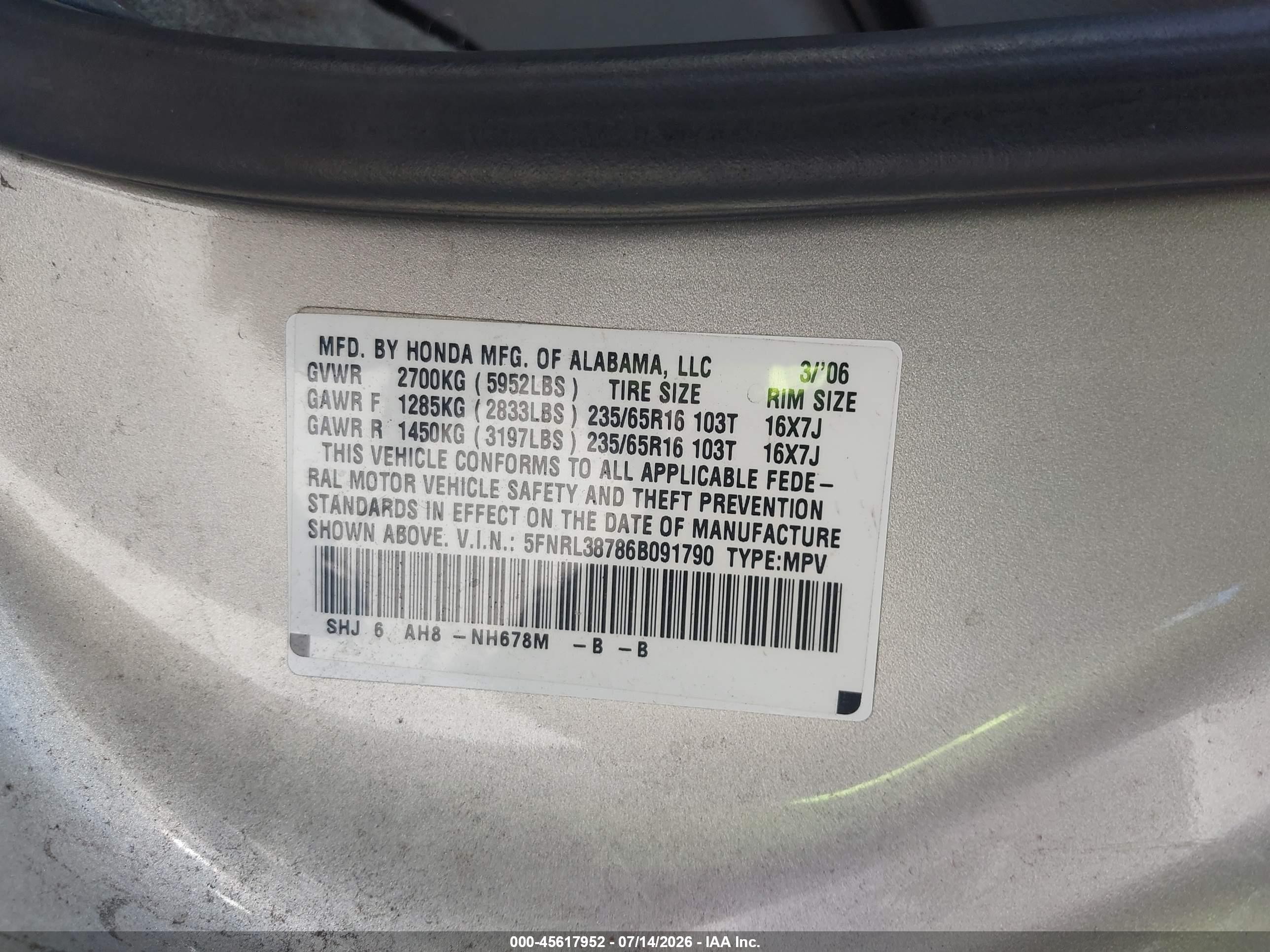 2006 Honda Odyssey Ex-l Silver vin: 5FNRL38786B091790