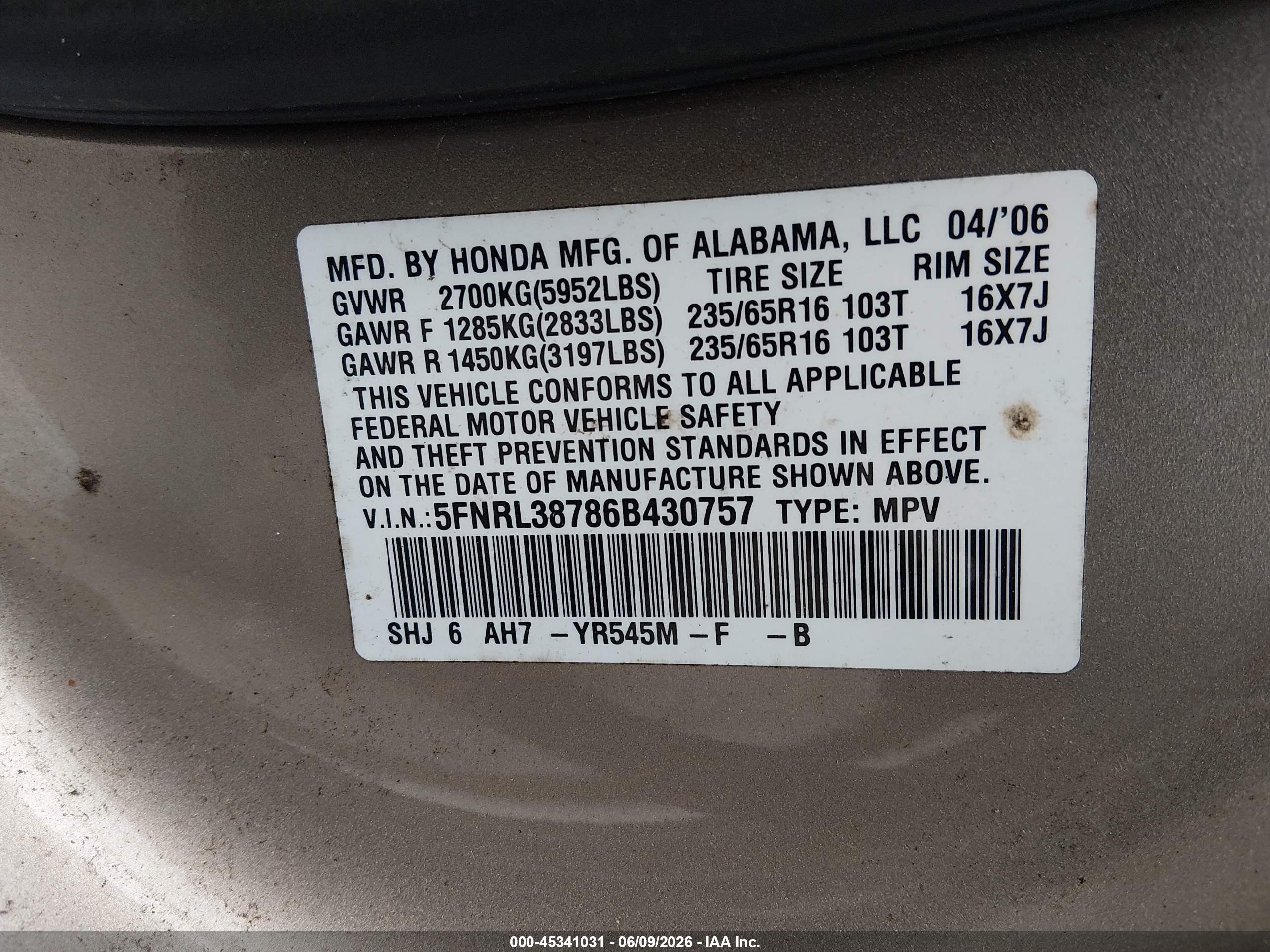 2006 Honda Odyssey Ex-l Gold vin: 5FNRL38786B430757