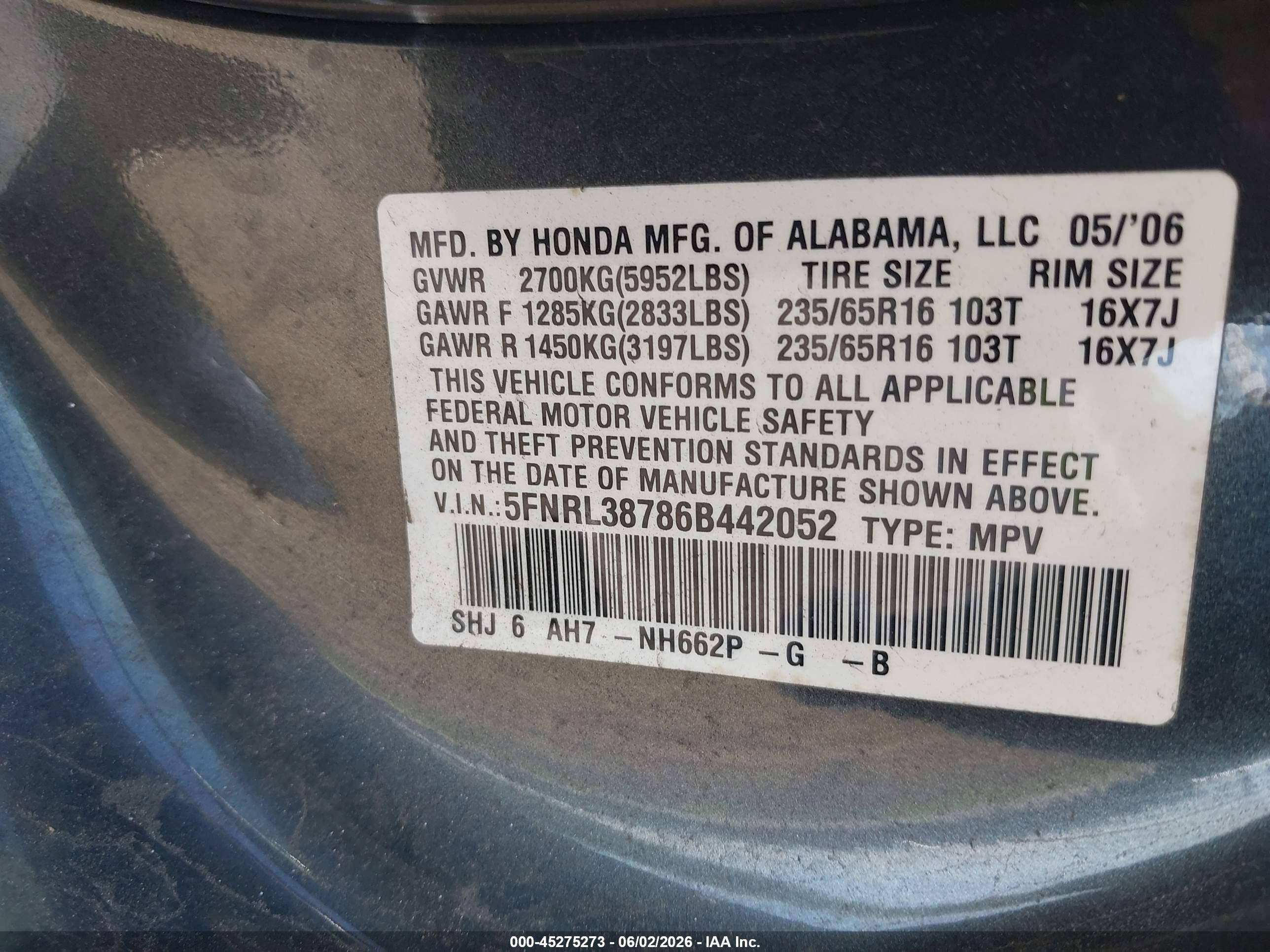 2006 Honda Odyssey Ex-l Gray vin: 5FNRL38786B442052