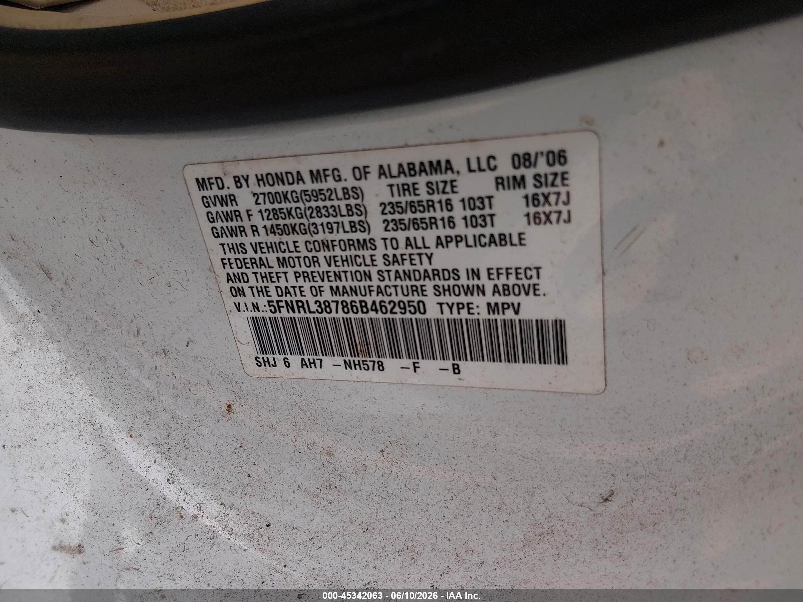 2006 Honda Odyssey Ex-l Белый vin: 5FNRL38786B462950